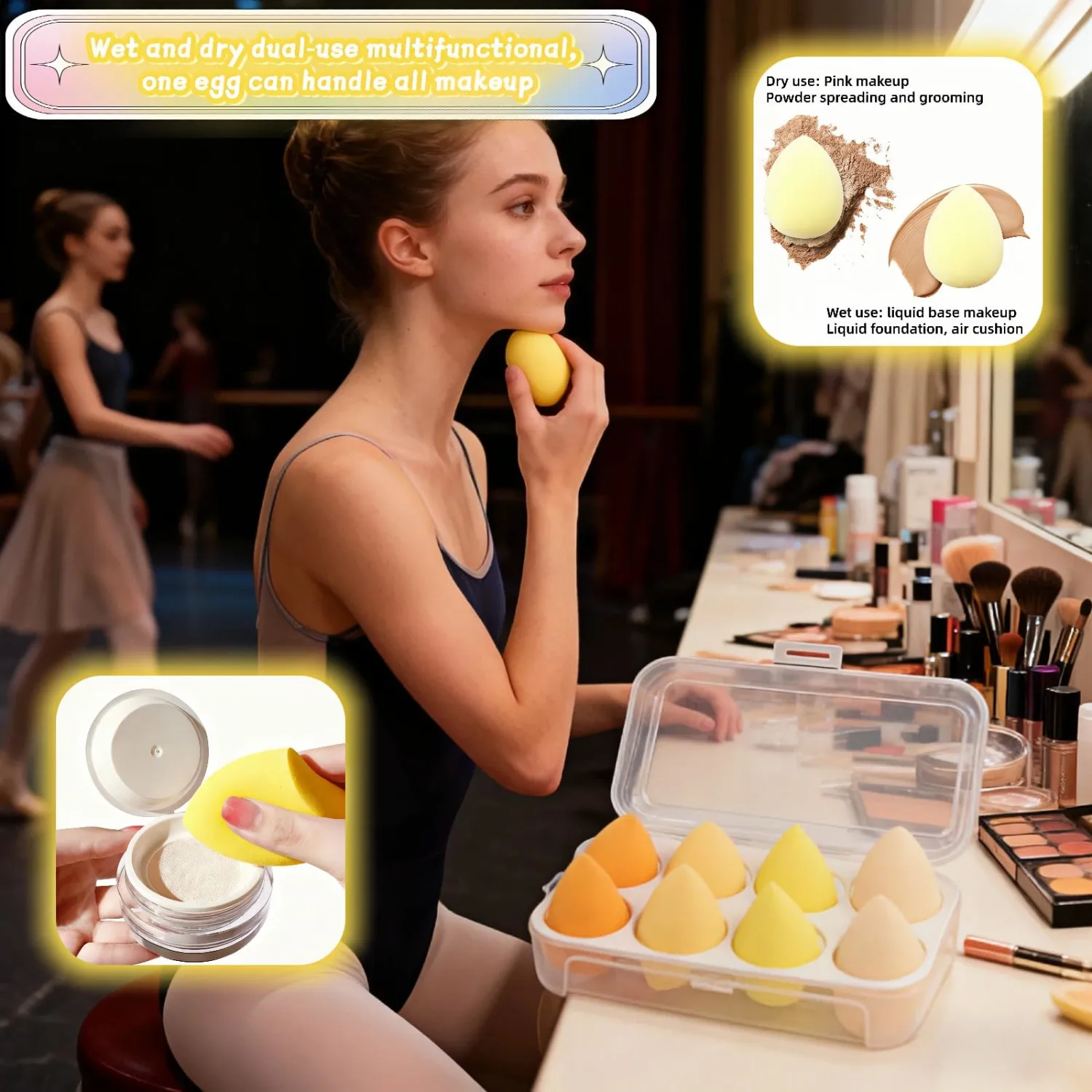 8pcs Makeup Sponges Set - Latex-Free, Blending Beauty Sponge for Liquid, Cream & Powder, Soft Non-Absorbent, Multi-Size with Case，Multi-Shape for Liquid and Powder (Yellow)