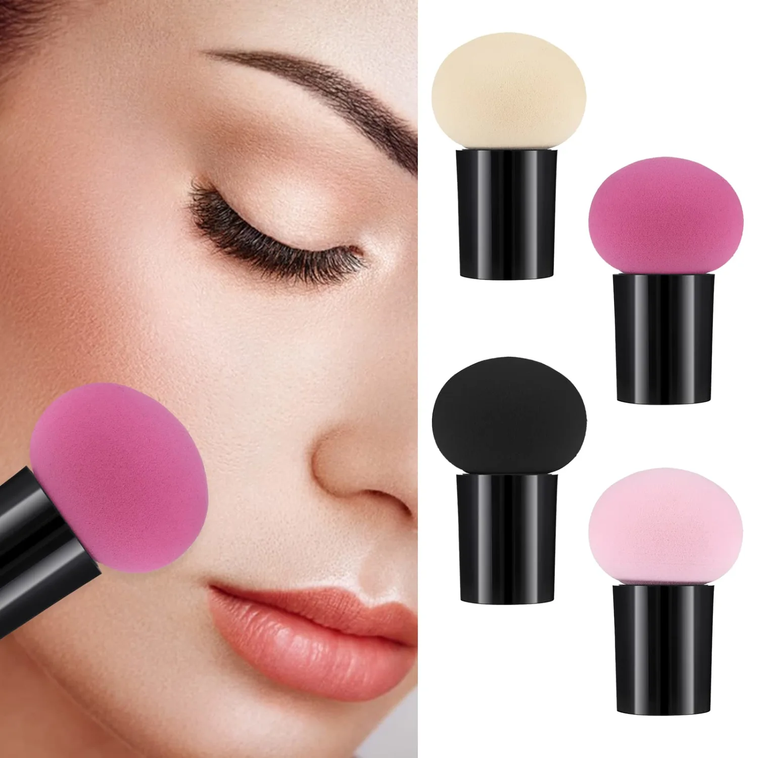 Sibba 4 PCS Makeup Sponge Set with Mini Handle, Foundation Blending Concealer Applicator, Loose Powder Coverage Flat End Head Holder Kit, Cosmetic Face Eye Brush Set for Lightweight Small Holder