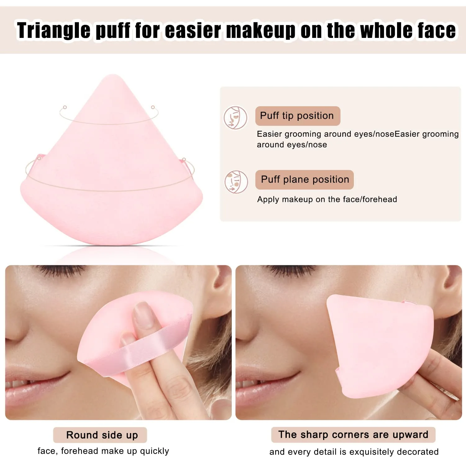 4 facial soft triangle puffs, wet and dry makeup tools, used for powder, mineral powder, body powder, foundation make-up, washable powder puffs (Pink)
