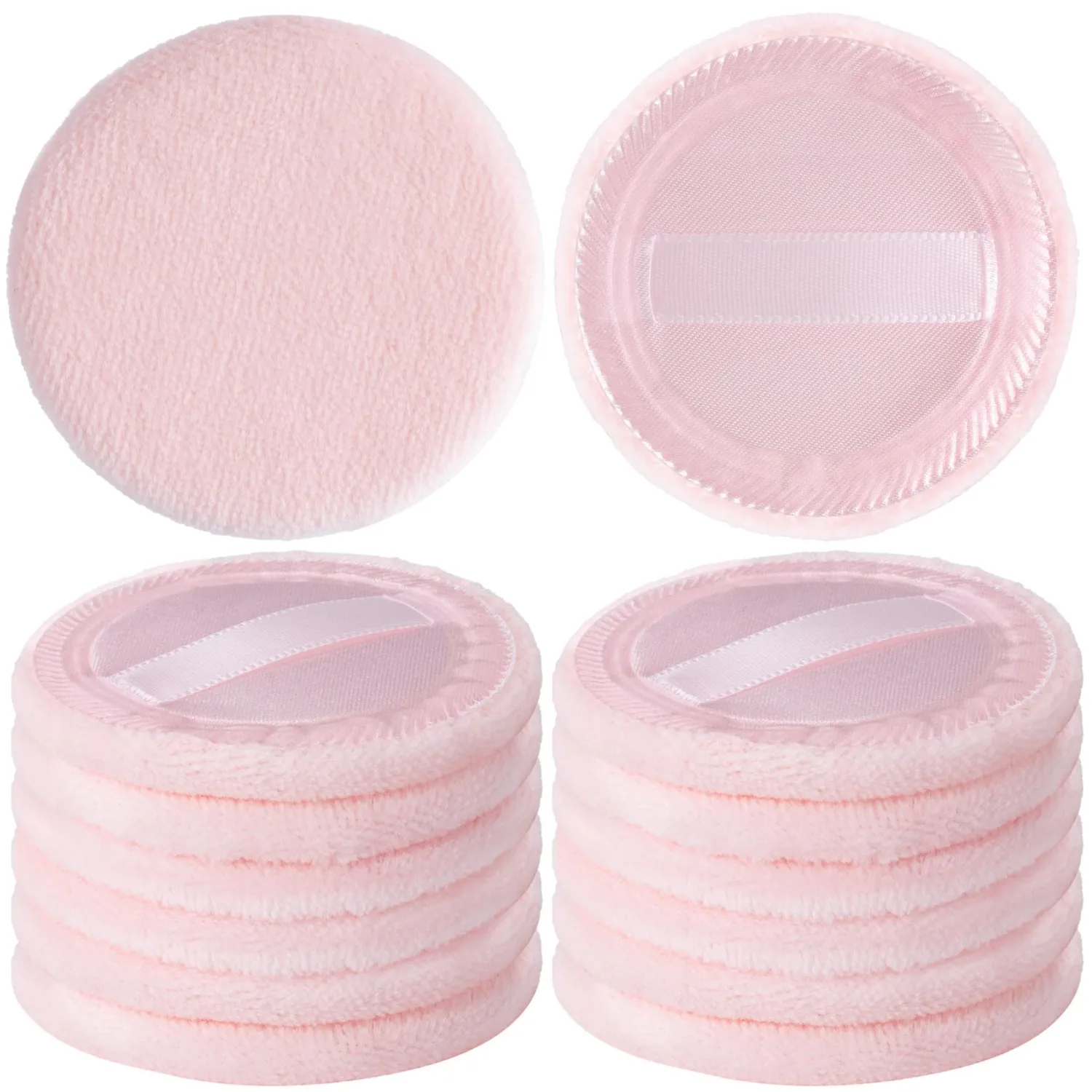 HINZIC 12 Pack 60mm Round Powder Puffs for Foundation Makeup Applicators, Soft Cotton Skin-Friendly Face Powder Sponge Velour Velet Puffs Pads for Cream Cosmetics- Pink