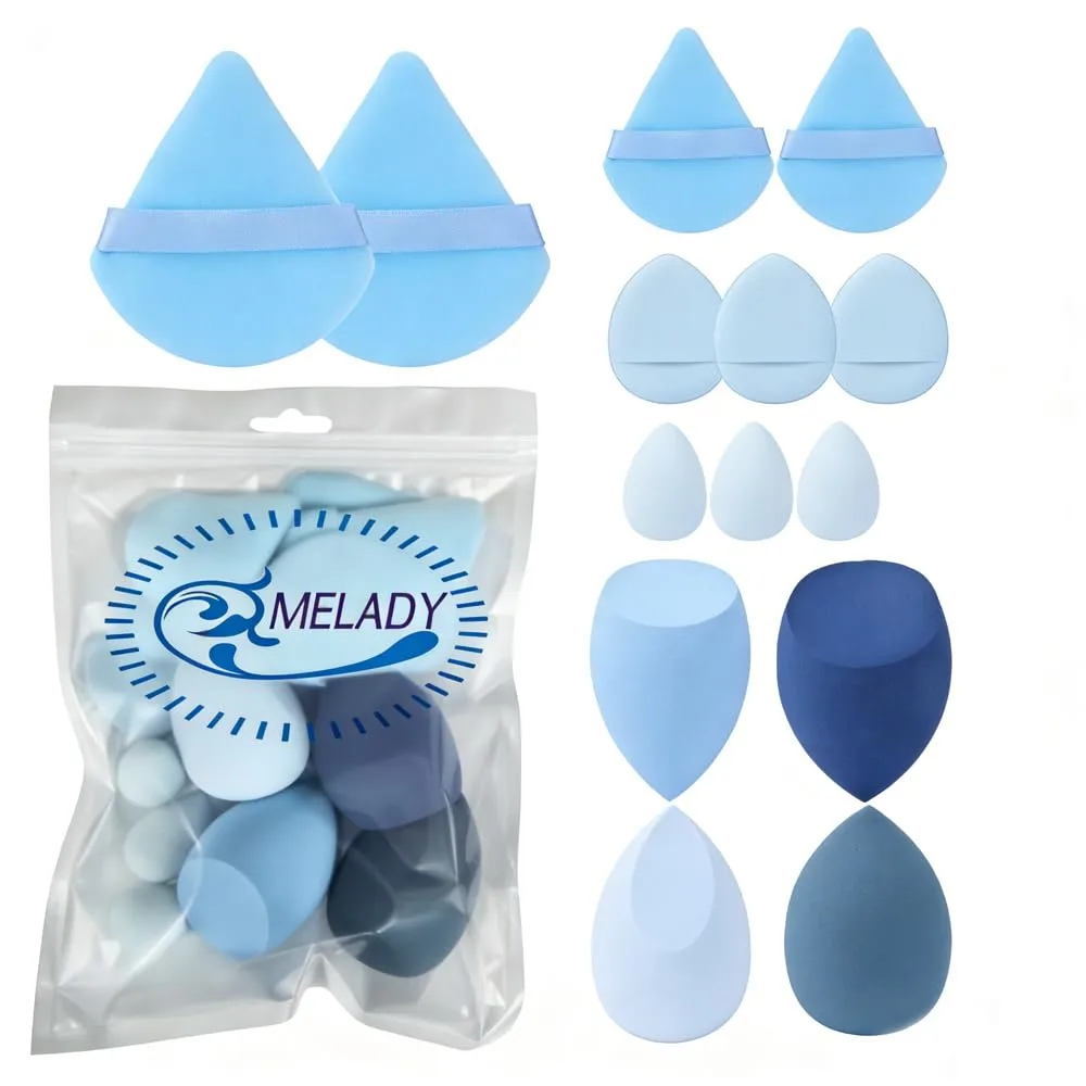 MELADY 14-Piece Makeup Tool Set, Beauty Blender & Thumb Puffs, Soft Cotton & Mini Sponges, Washable Velour Applicators for Foundation Concealer (Pack of 14) (blue)