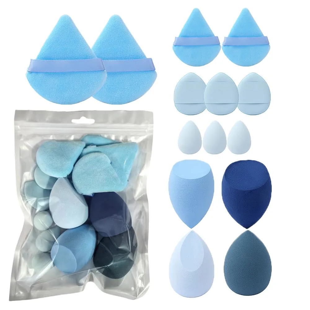 MELADY 14-Piece Makeup Tool Set, Beauty Blender & Thumb Puffs, Soft Cotton & Mini Sponges, Washable Velour Applicators for Foundation Concealer (Pack of 14) (blue)