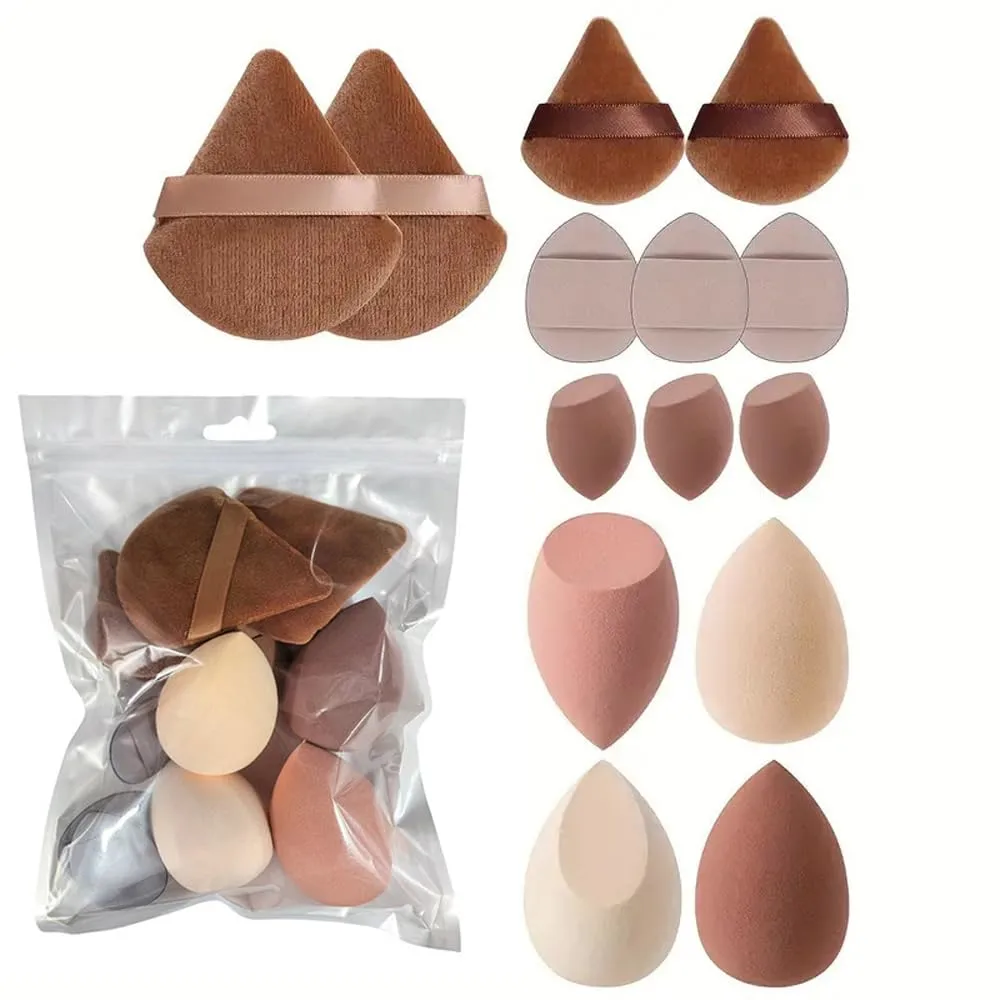 MELADY 14-Piece Makeup Tool Set, Beauty Blender & Thumb Puffs, Soft Cotton & Mini Sponges, Washable Velour Applicators for Foundation Concealer (Pack of 14) (coffee)