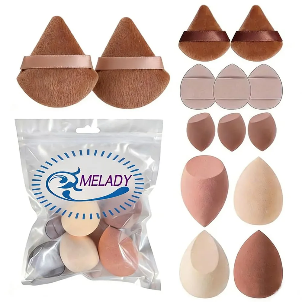 MELADY 14-Piece Makeup Tool Set, Beauty Blender & Thumb Puffs, Soft Cotton & Mini Sponges, Washable Velour Applicators for Foundation Concealer (Pack of 14) (coffee)