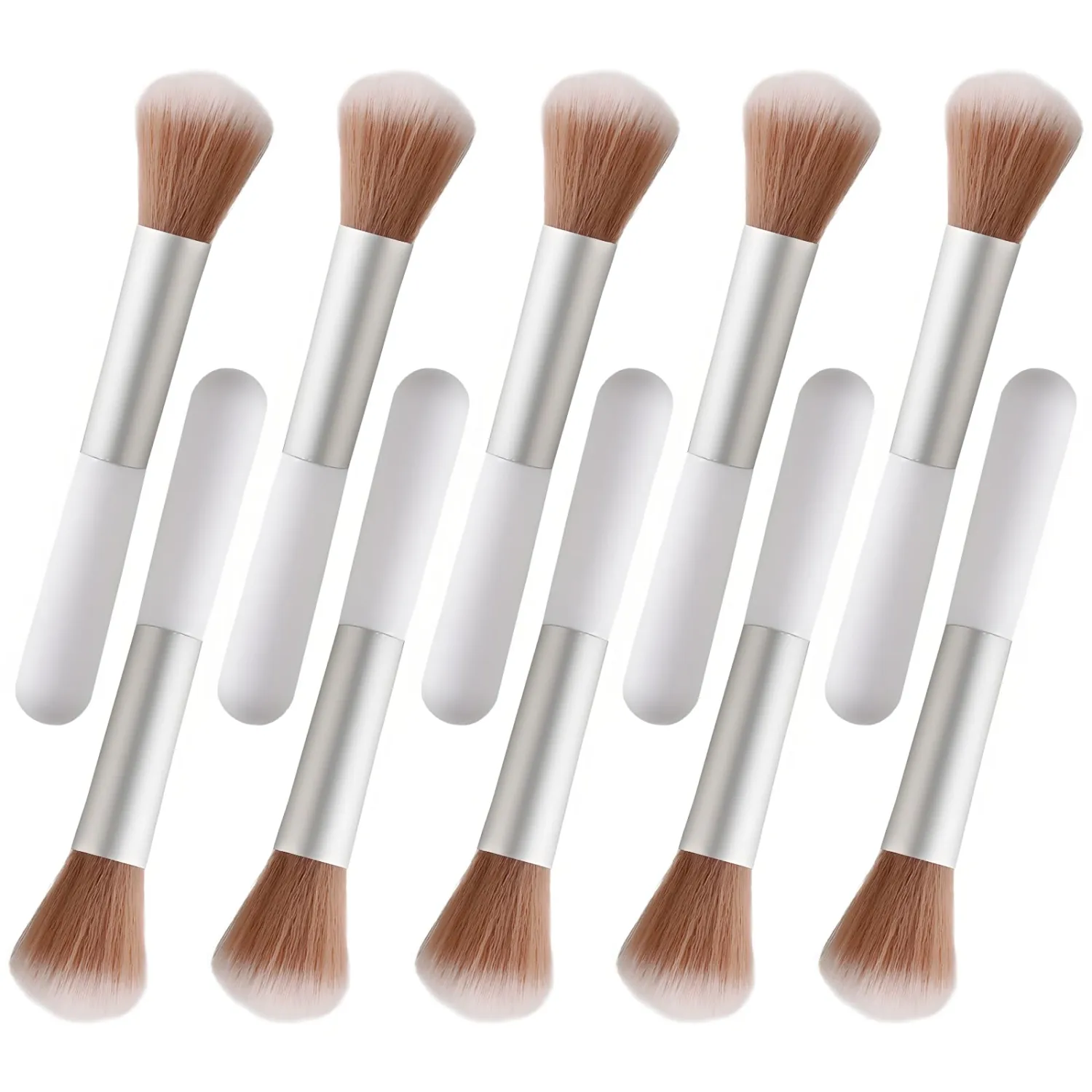 10-Piece Set Fluffy Beauty Makeup Brushes, Portable Blending Brushes with Eyebrow and Powder Application, White Mushroom-Design Plastic Travel Brushes for Makeup