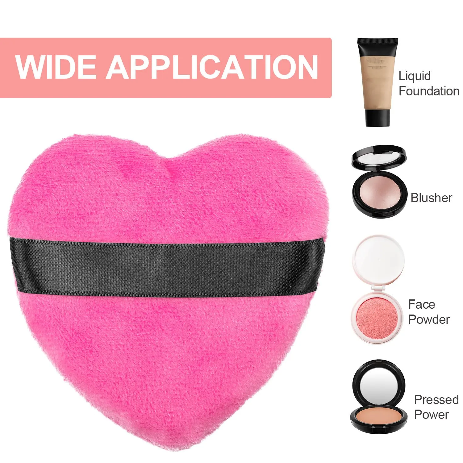 OIIKI 4PCS Makeup Puffs, Polyester Powder Puff, Makeup Tool Sponges Blender Cleanser, in Love Shape with Strap, for Cosmetic (Gray+White+Rose+Black)