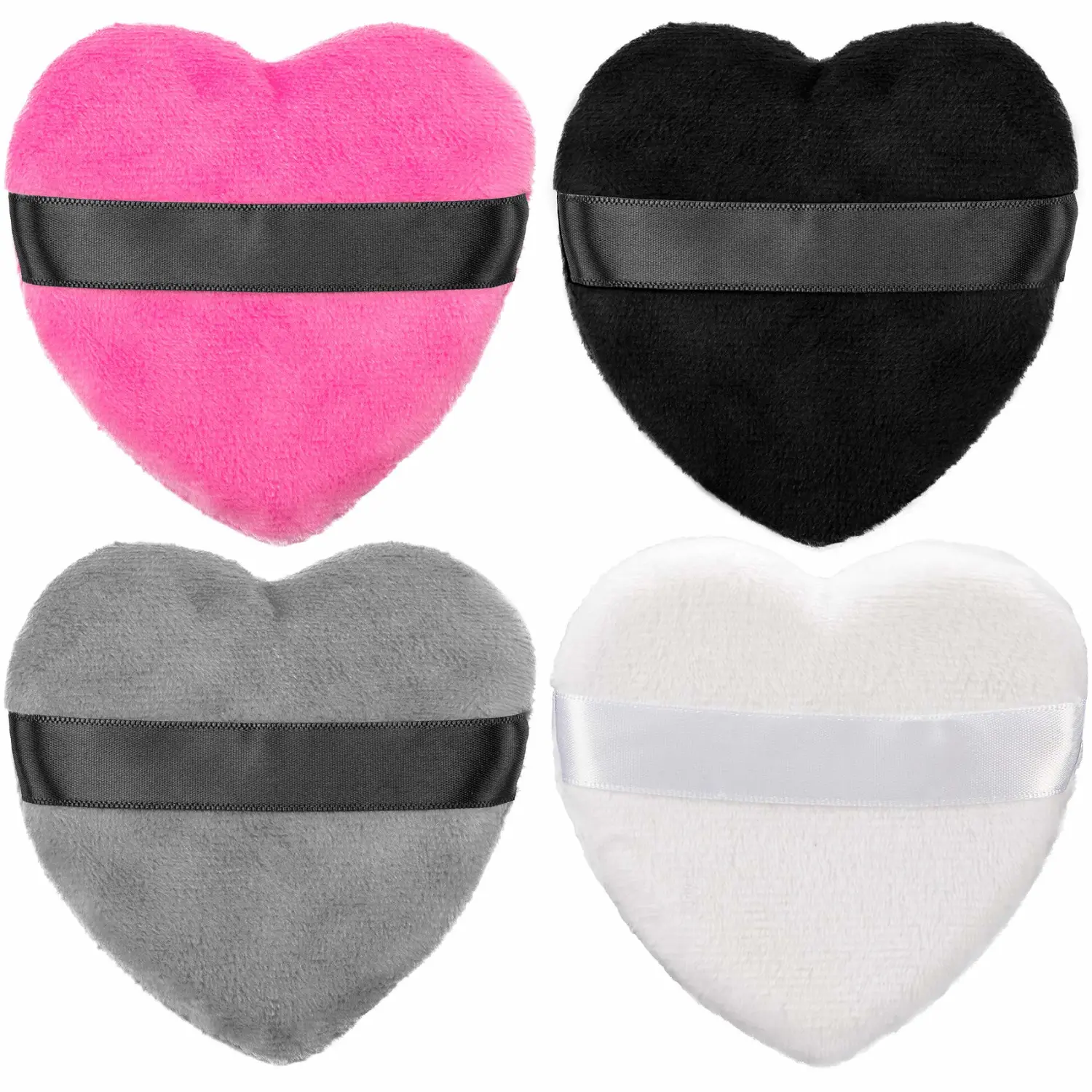 OIIKI 4PCS Makeup Puffs, Polyester Powder Puff, Makeup Tool Sponges Blender Cleanser, in Love Shape with Strap, for Cosmetic (Gray+White+Rose+Black)