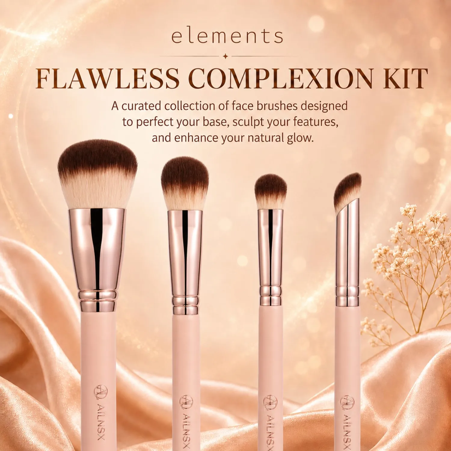 Makeup Brush Set, 4Pcs Pink Face Brushes for Foundation, Powder, Blush, Contour and Concealer, Soft Synthetic Bristles, Rose Gold Ferrule