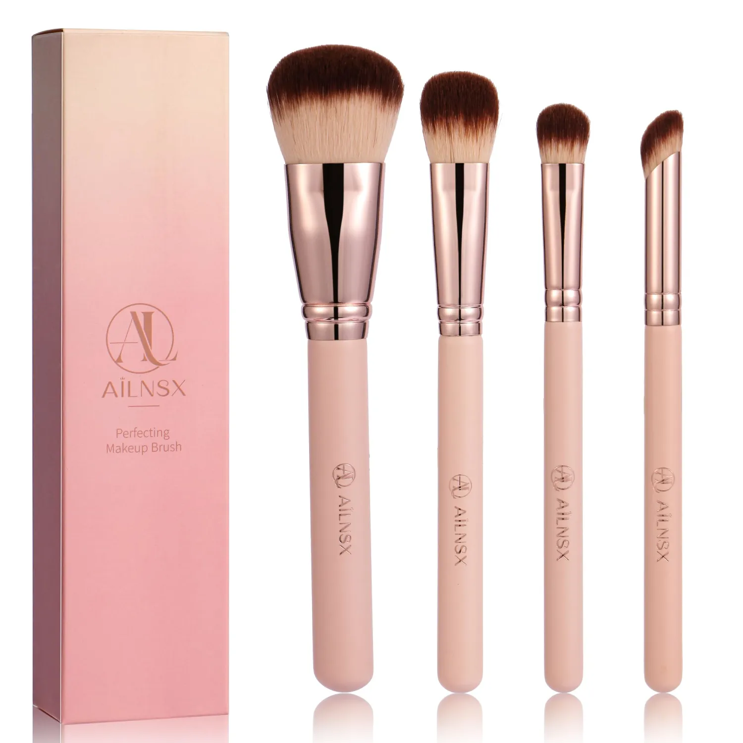 Makeup Brush Set, 4Pcs Pink Face Brushes for Foundation, Powder, Blush, Contour and Concealer, Soft Synthetic Bristles, Rose Gold Ferrule