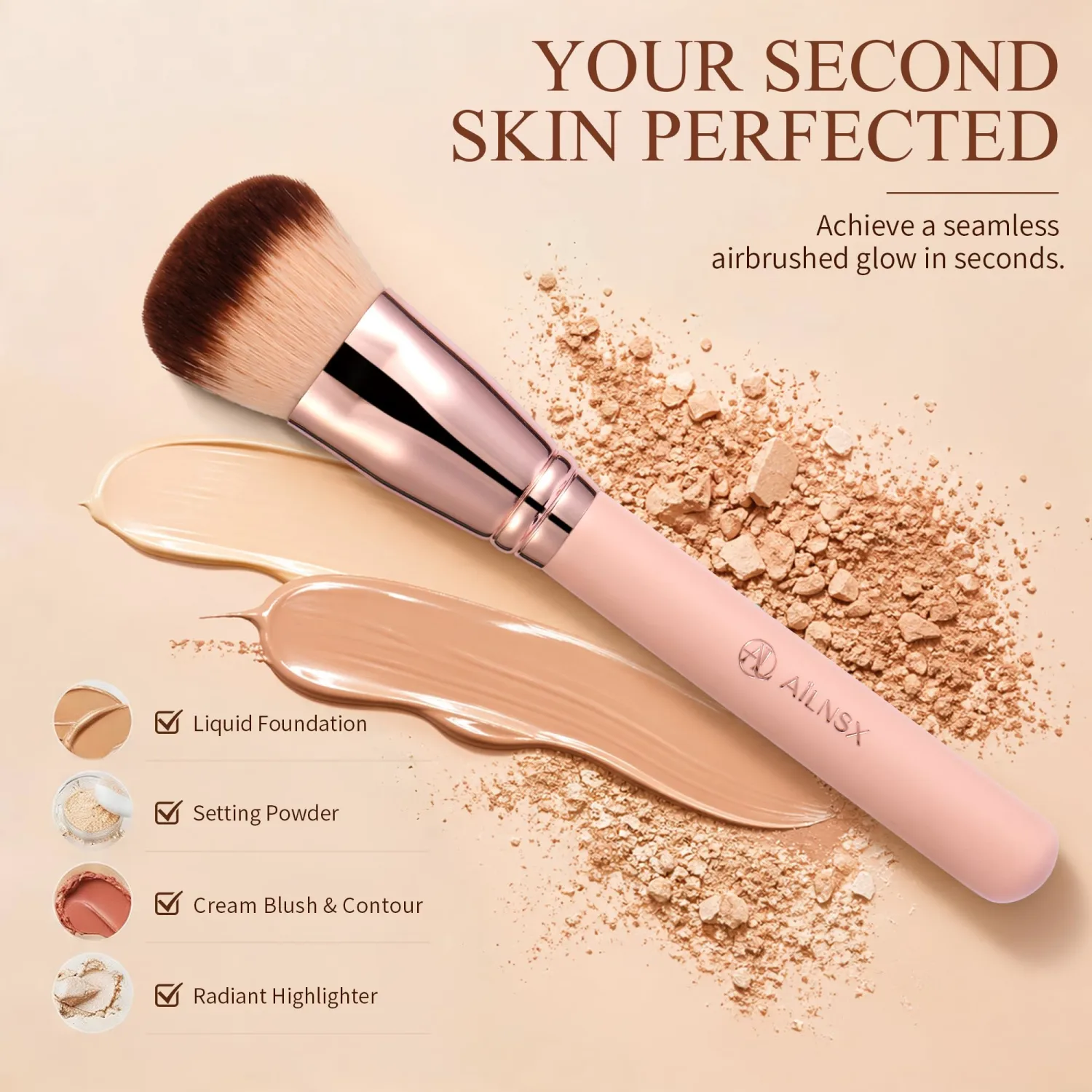 Makeup Brush Set, 4Pcs Pink Face Brushes for Foundation, Powder, Blush, Contour and Concealer, Soft Synthetic Bristles, Rose Gold Ferrule