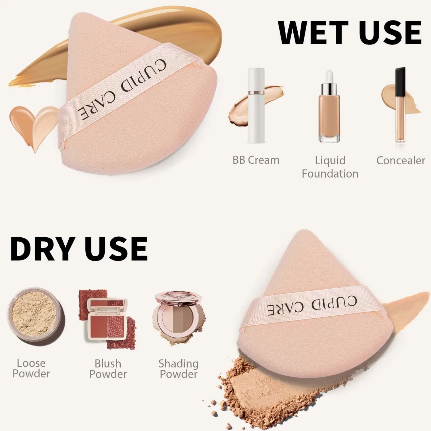 6 Pcs Triangle Powder Puff with 2 Travel Cases, Setting Powder Puffs for Face Powder and Foundation, Velour Makeup Puff for Loose Powder Body Powder, Skin-Friendly, Beauty Makeup Tools