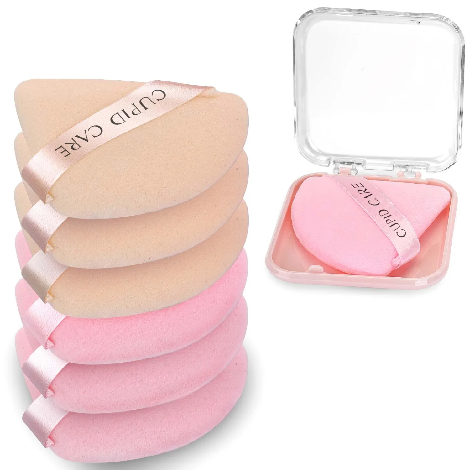 6 Pcs Triangle Powder Puff with 2 Travel Cases, Setting Powder Puffs for Face Powder and Foundation, Velour Makeup Puff for Loose Powder Body Powder, Skin-Friendly, Beauty Makeup Tools