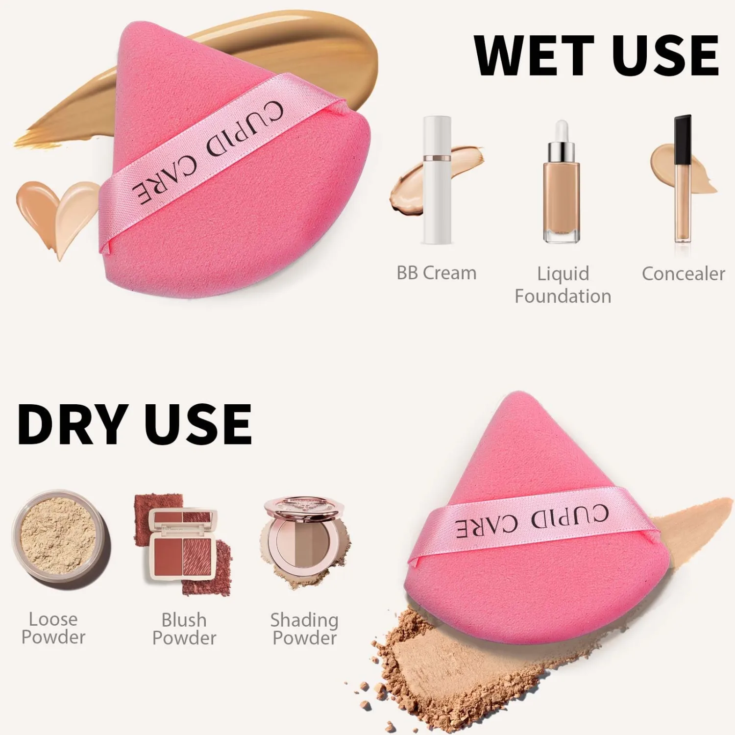 6 Pcs Triangle Powder Puff with 2 Travel Cases, Setting Powder Puffs for Face Powder and Foundation, Velour Makeup Puff for Loose Powder Body Powder, Skin-Friendly, Beauty Makeup Tools
