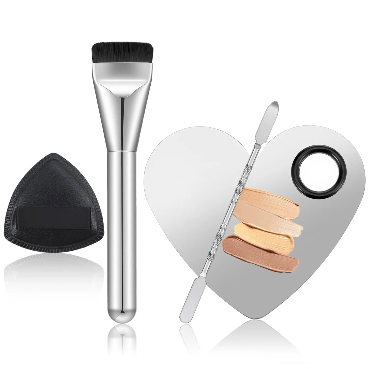 4PCS Makeup Mixing Palette Foundation Palette with Foundation Spatula Makeup Brush and Powder Puff for Women Facial Cosmetic Nail Art Pigment Blending