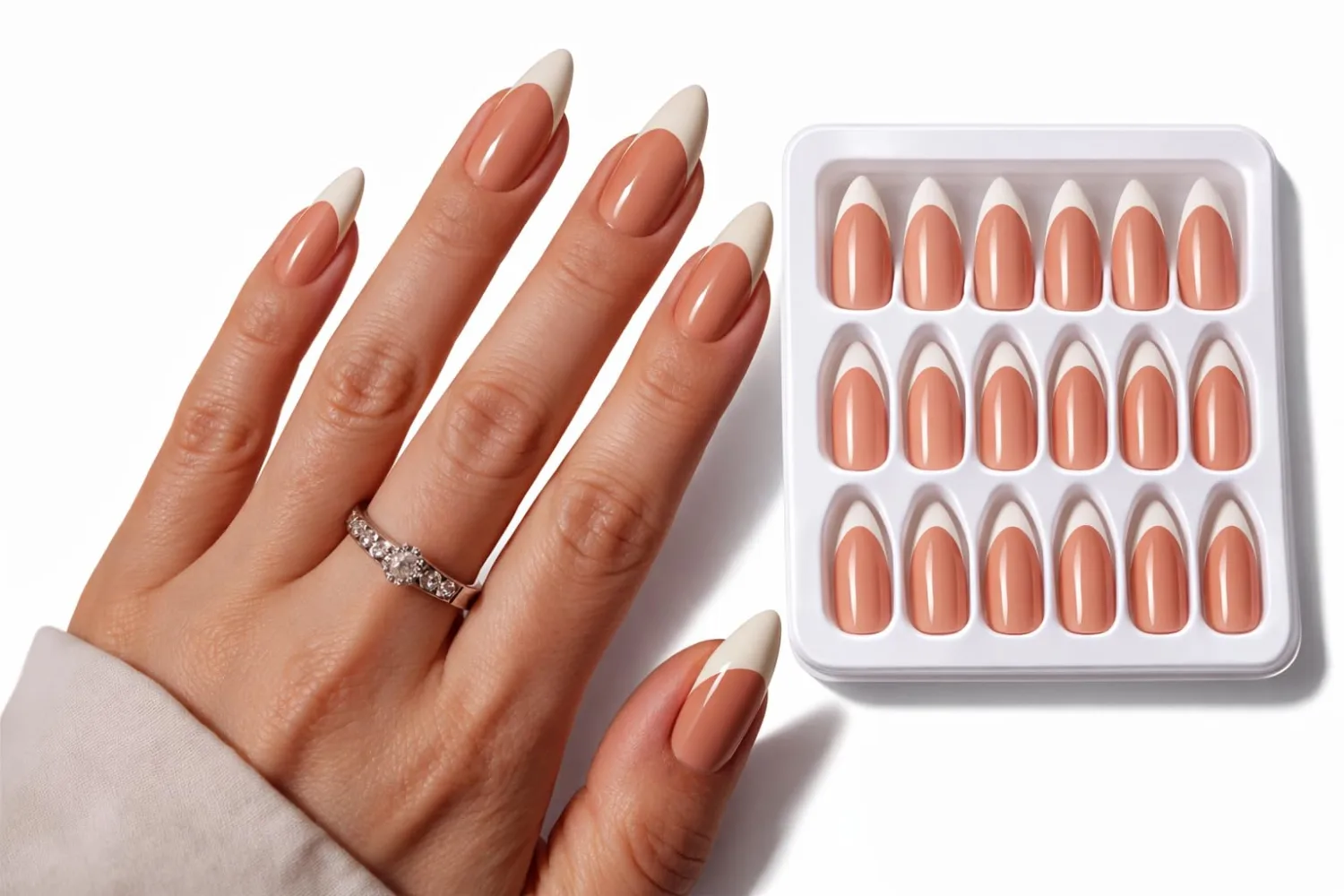 Long Ballerina French Tip Press-On Nails – 24 Count Set | Gel Finish, Natural Look, Reusable | Includes Nail File