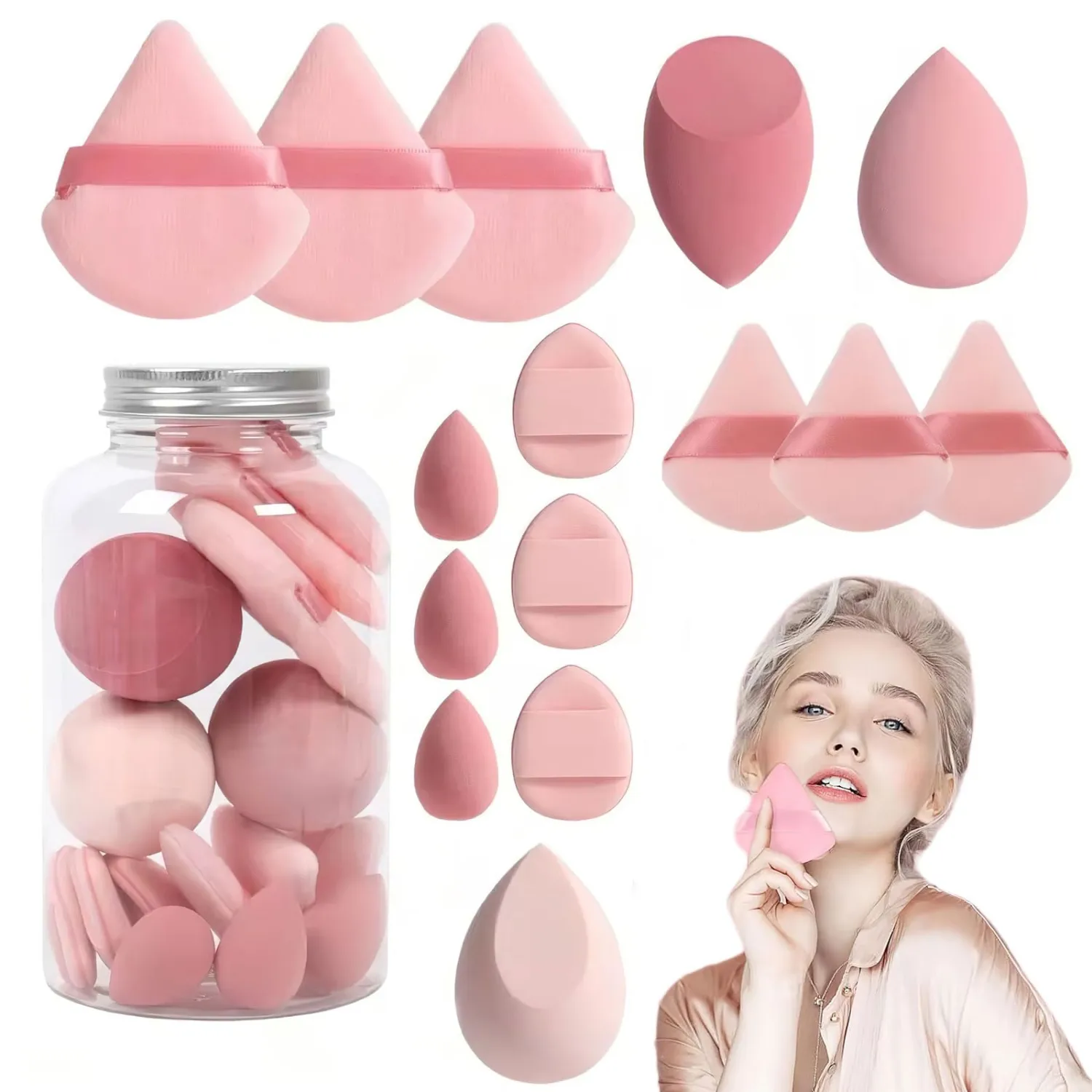 15 Pcs Makeup Sponge Set, Make Up Sponges for Foundation for Face Cosmetic Applicator, Mini Beauty Blenders Makeup Puff, Soft Triangle Powder Puff for Women Liquid Cream Powder(Pink)