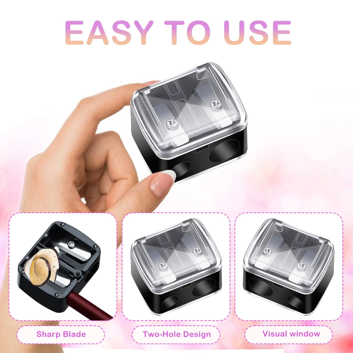 Makeup Pencil Sharpener, 4 Pack Dual Hole Cosmetic Pencil Sharpener for Lip Liner Eyeliner and Brow Pencils, Cosmetic Manual Tools for Women and Makeup Artists,Stainless Steel Blades and Plastic Cover