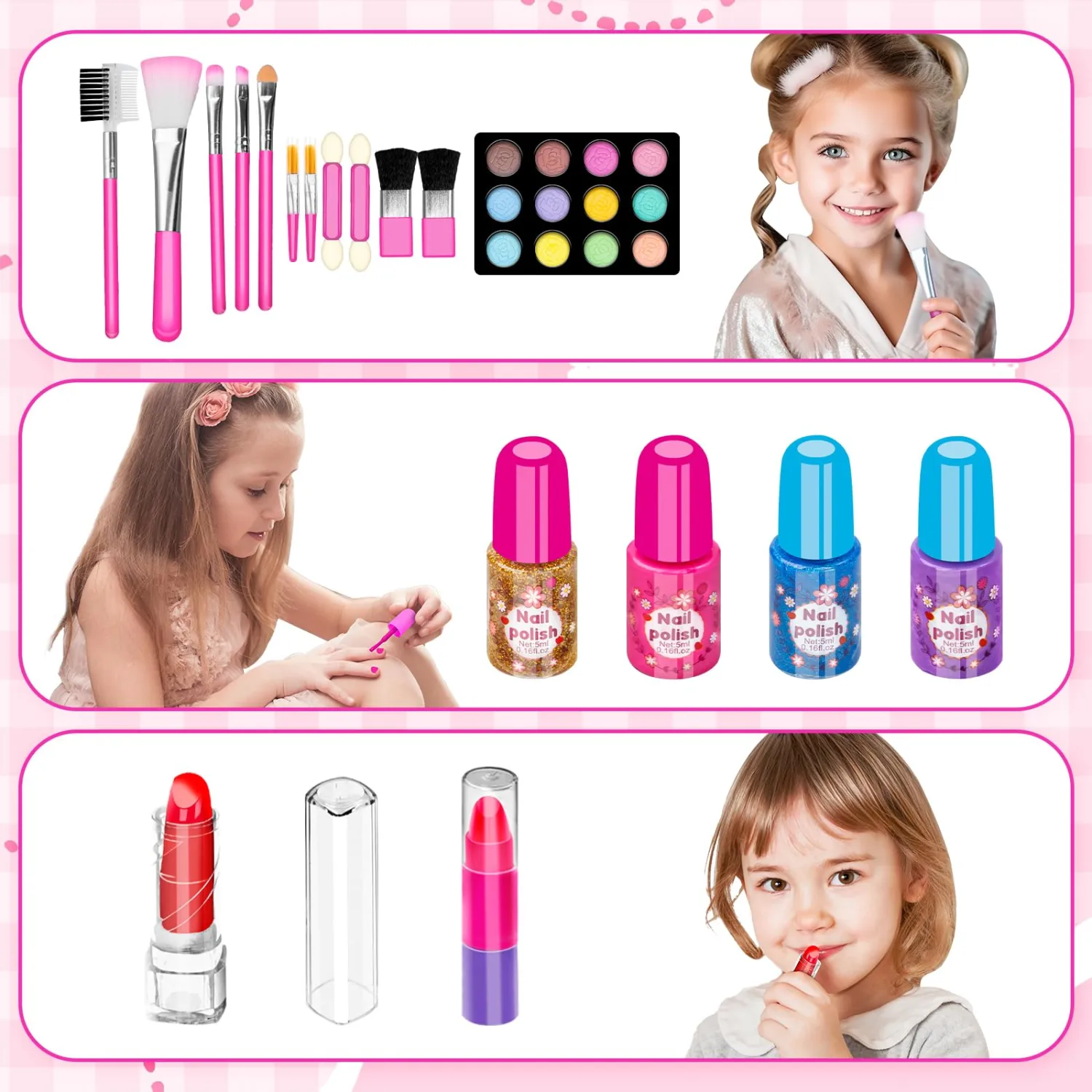 58Pcs Kids Makeup Kit for Girl - Real Washable Cosmetic Set with Light Up Mirror - Kids Makeup Sets for Girls -Play Make Up Birthday for Age 3 4 5 6 7 8 9 10 11 12 Years Old Kid -Rose