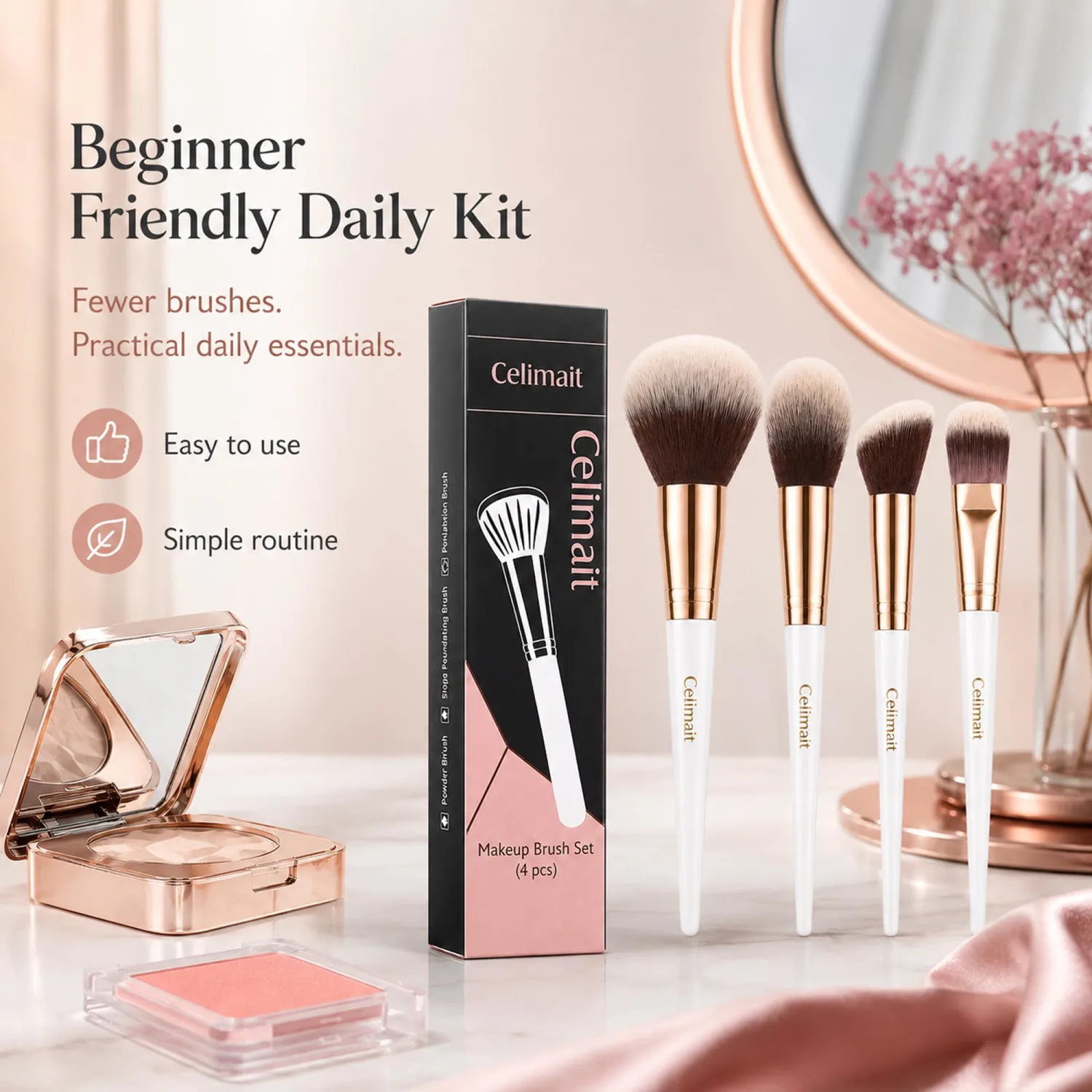 4PCS Face Makeup Brushes Set, Soft Synthetic Bristles for Foundation Powder Blush Sculpting, Essential Brush Kit for Daily Use, White