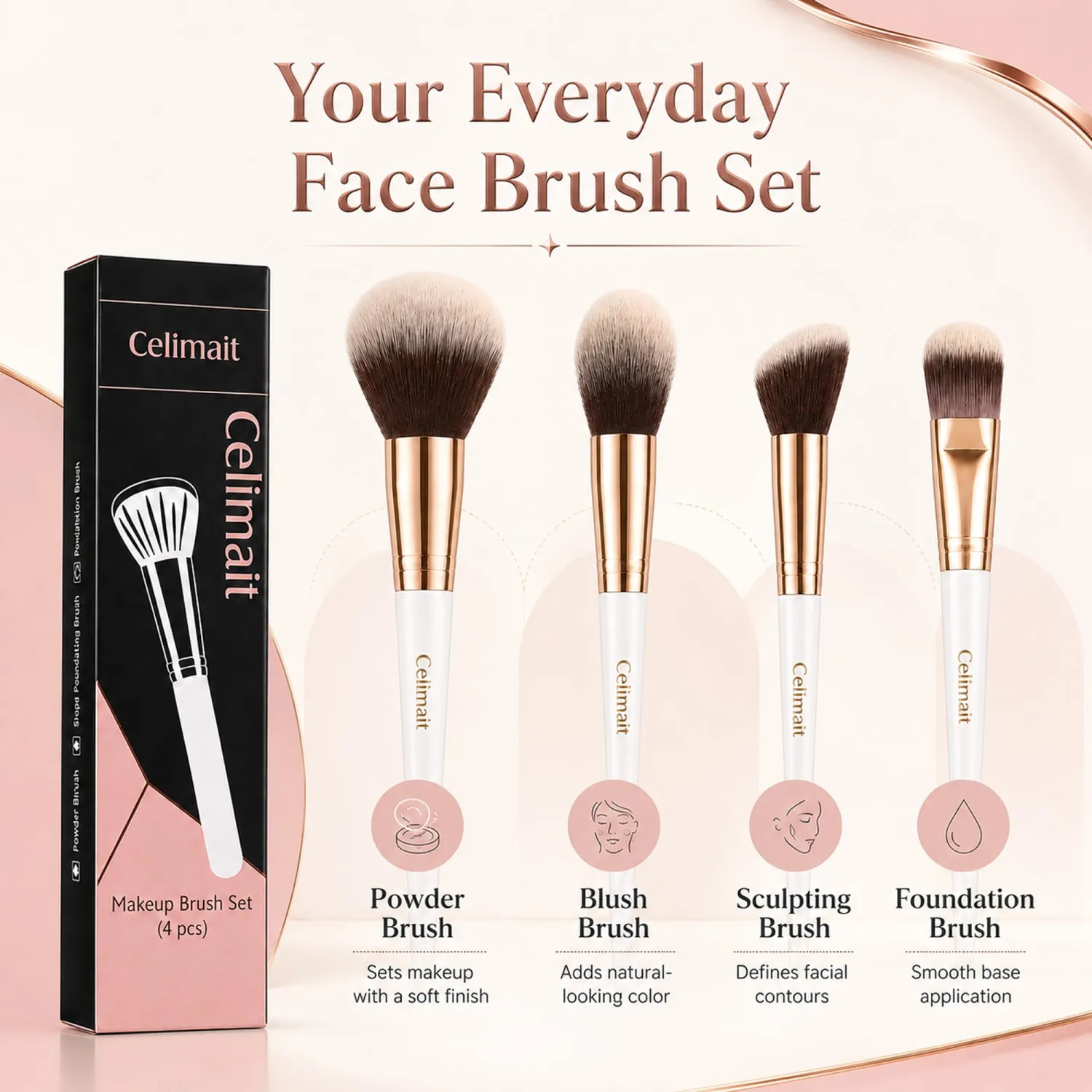 4PCS Face Makeup Brushes Set, Soft Synthetic Bristles for Foundation Powder Blush Sculpting, Essential Brush Kit for Daily Use, White