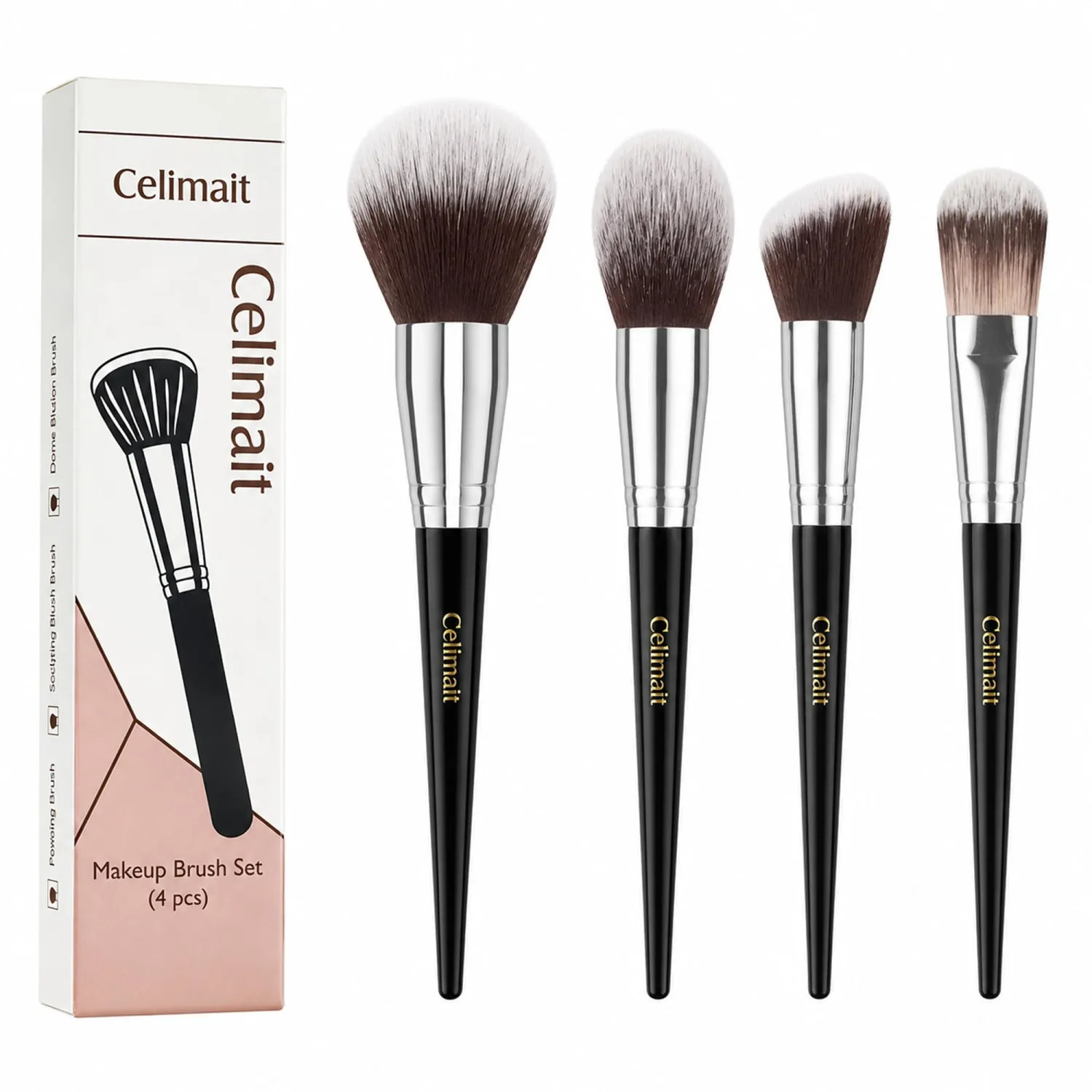 4PCS Face Makeup Brushes Set, Soft Synthetic Bristles for Foundation Powder Blush Sculpting, Essential Brush Kit for Daily Use, Black