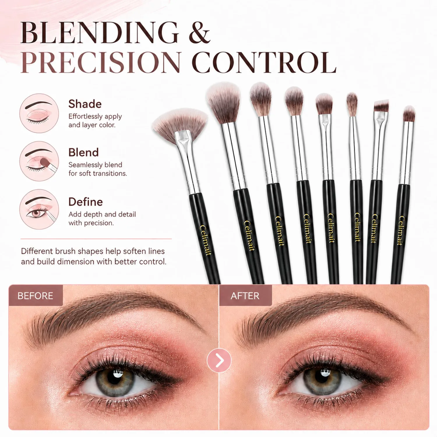 8PCS Eye Makeup Brushes Set, Soft Synthetic Bristles for Eyeshadow Blending Contour Brow Highlight, Precision Detail Brush Kit for Daily Use, Black