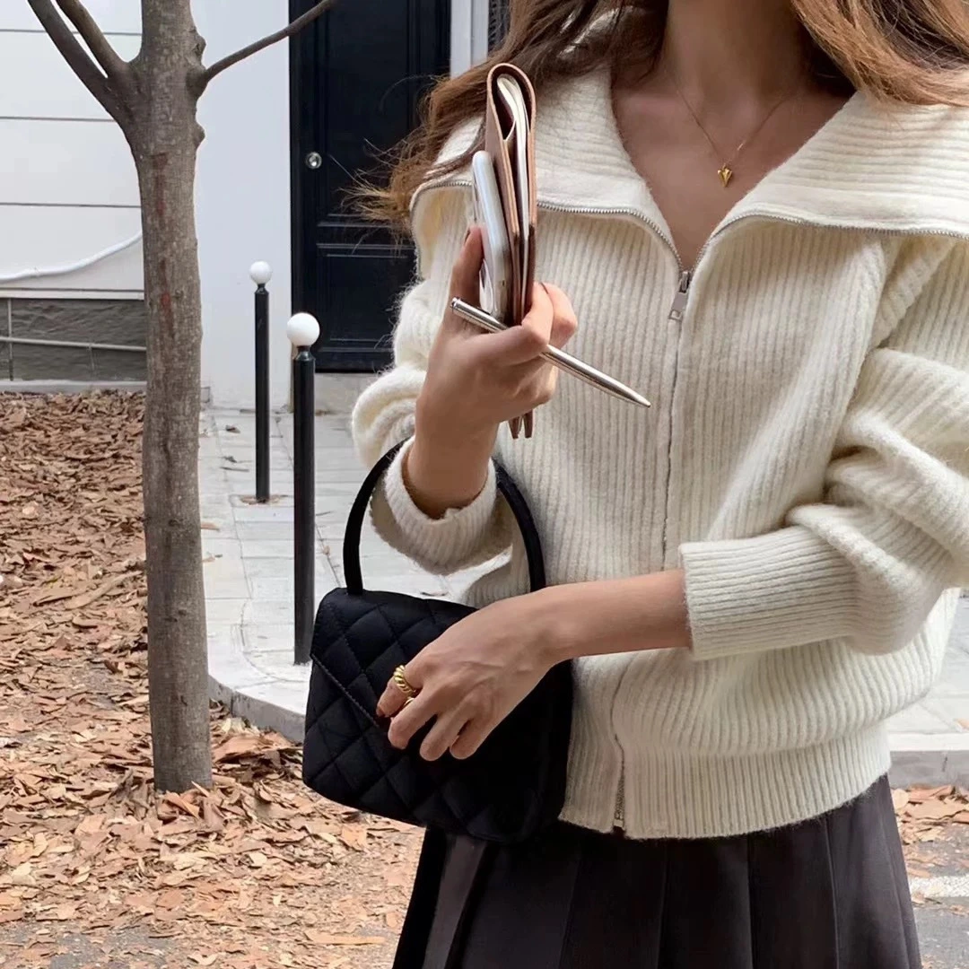 Autumn Winter Large Lapel Zippered Solid Color Womens Sweater