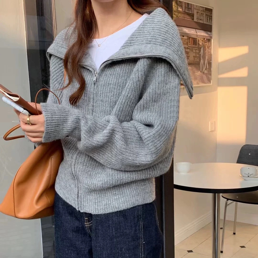 Autumn Winter Large Lapel Zippered Solid Color Womens Sweater