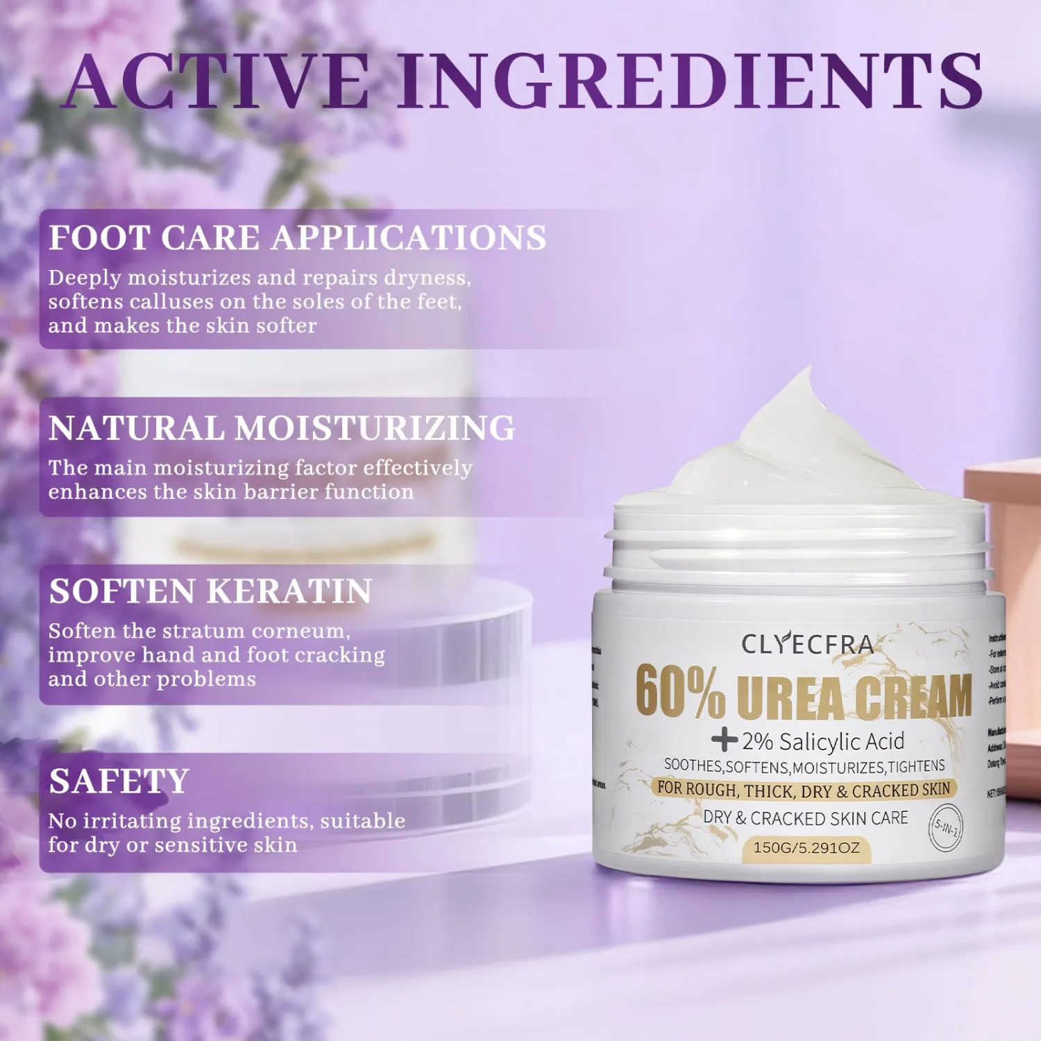 5-in-1 60% Urea Cream with 2% Salicylic Acid, Urea Cream 60 Percent for Feet & Hands- Maximum Strength Moisturizer for Rough, Dry, Thick & Cracked Skin, Callus Remover, Deep Hydration, 150g