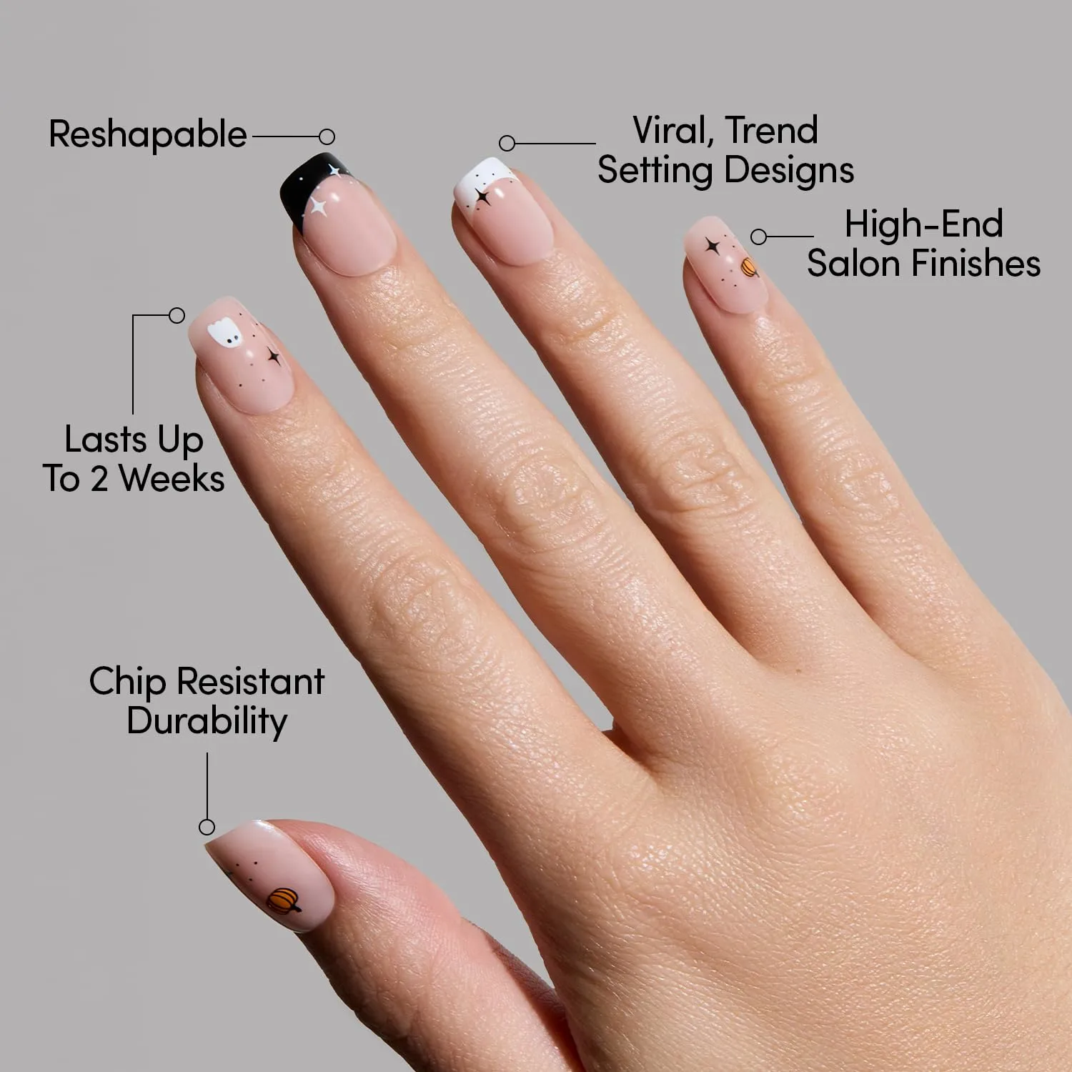Glamnetic Press On Nails - Tiny Pumpkin | Short Squoval French Tip Fake Nails with Pumpkin Graphics & Glossy Finish, Salon Quality Halloween Nails | 15 Sizes - 30 Nail Kit with Glue