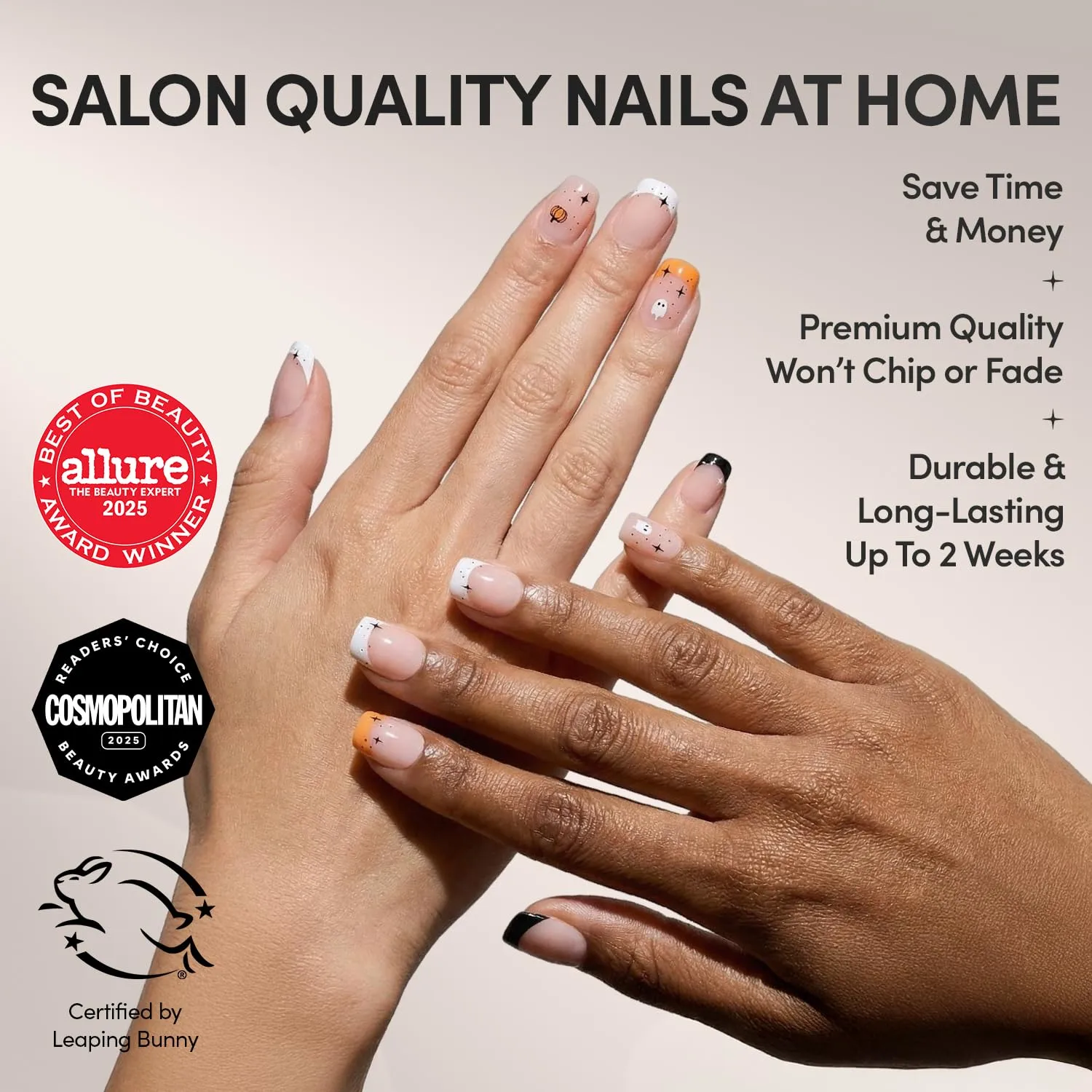 Glamnetic Press On Nails - Tiny Pumpkin | Short Squoval French Tip Fake Nails with Pumpkin Graphics & Glossy Finish, Salon Quality Halloween Nails | 15 Sizes - 30 Nail Kit with Glue