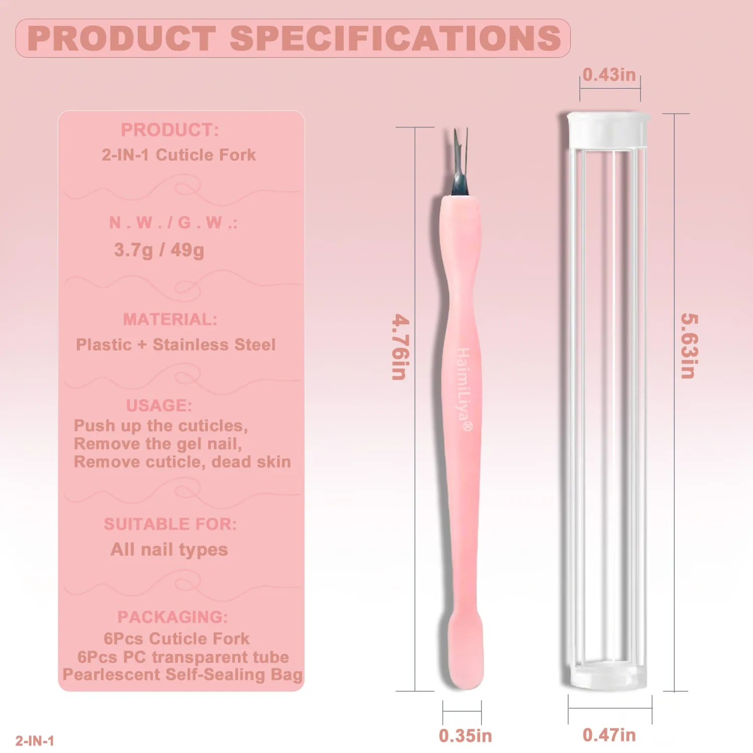 6Pcs 2-in-1 Cuticle Fork with Pusher, Dual-end Cuticle Remover Nail Pusher Cuticle Trimmer, Gentle Plastic Nail Cuticle Care Tool, At-Home Mani Essential, Pink