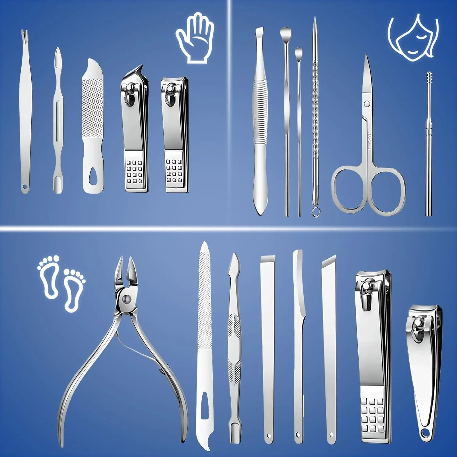 19 Pieces Fingernail and Toenail Professional Manicure Pedicure Nail Clippers Set Stainless Steel Nail Cutter Scissors Grooming Kit with Luxurious Travel Case (Blue)