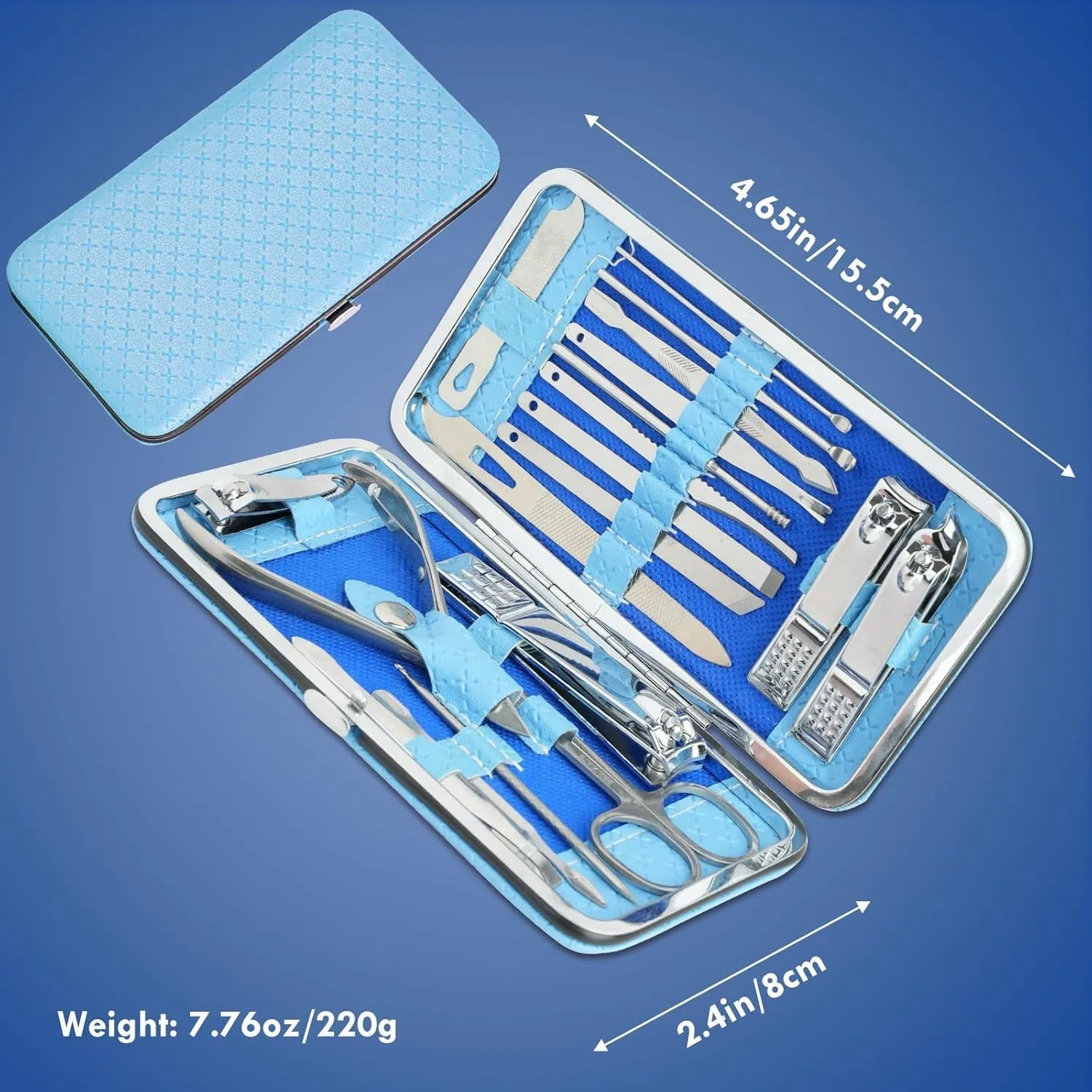 19 Pieces Fingernail and Toenail Professional Manicure Pedicure Nail Clippers Set Stainless Steel Nail Cutter Scissors Grooming Kit with Luxurious Travel Case (Blue)