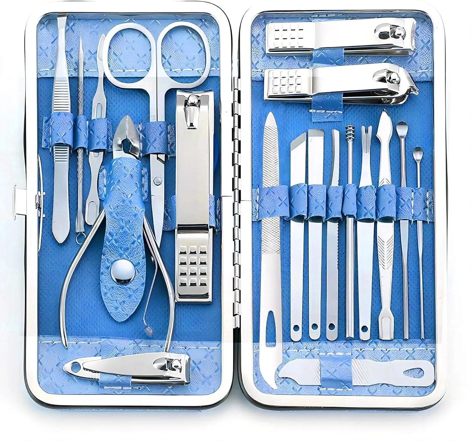 19 Pieces Fingernail and Toenail Professional Manicure Pedicure Nail Clippers Set Stainless Steel Nail Cutter Scissors Grooming Kit with Luxurious Travel Case (Blue)