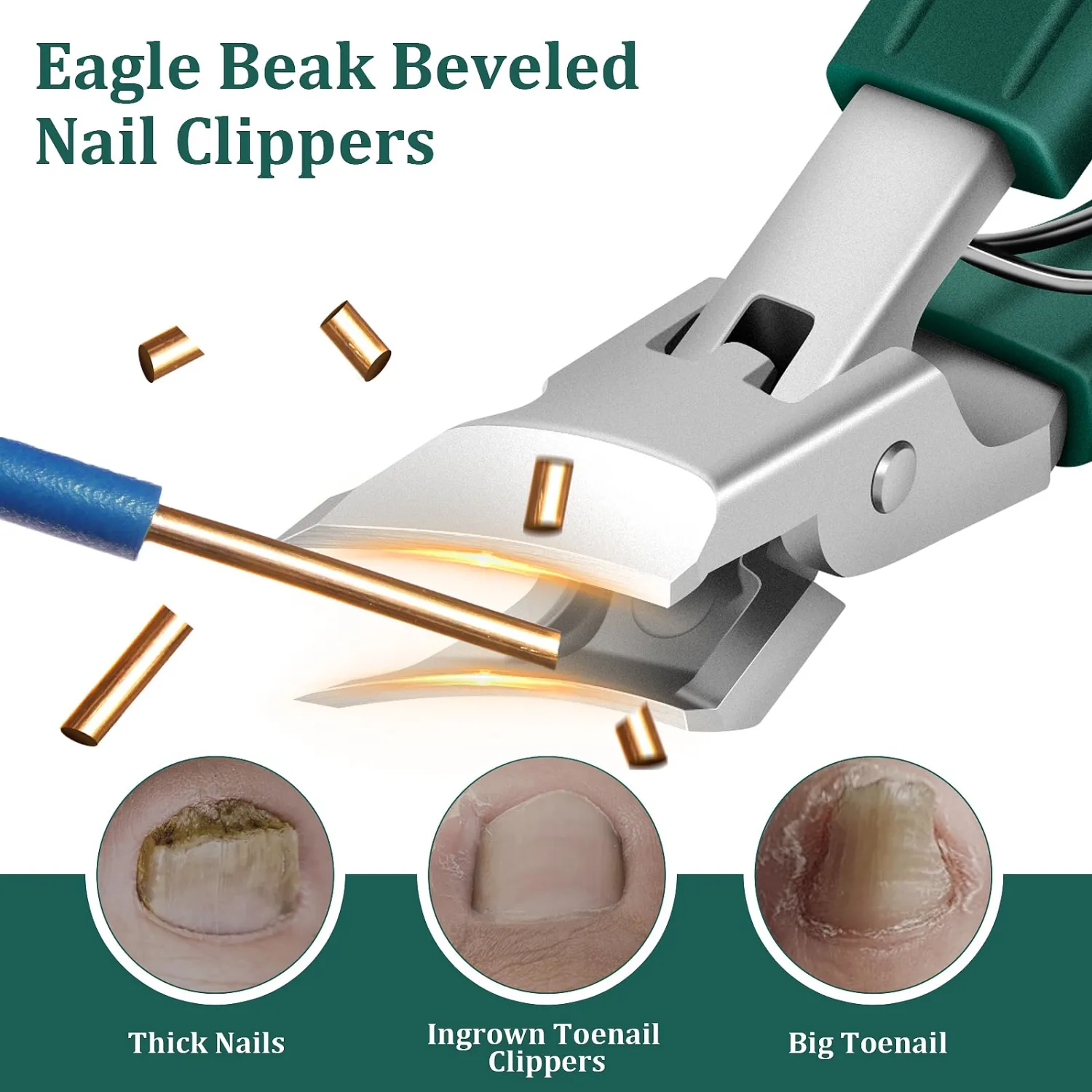 Eagle Beak Beveled Nail Clippers, Upgrade Stainless Steel Wide Jaw Opening Anti-Splash Nail Clipper Set of 3-Piece, Long Handle Angled Head Toenail Clippers for Ingrown & Thick Toenails, for Men Women