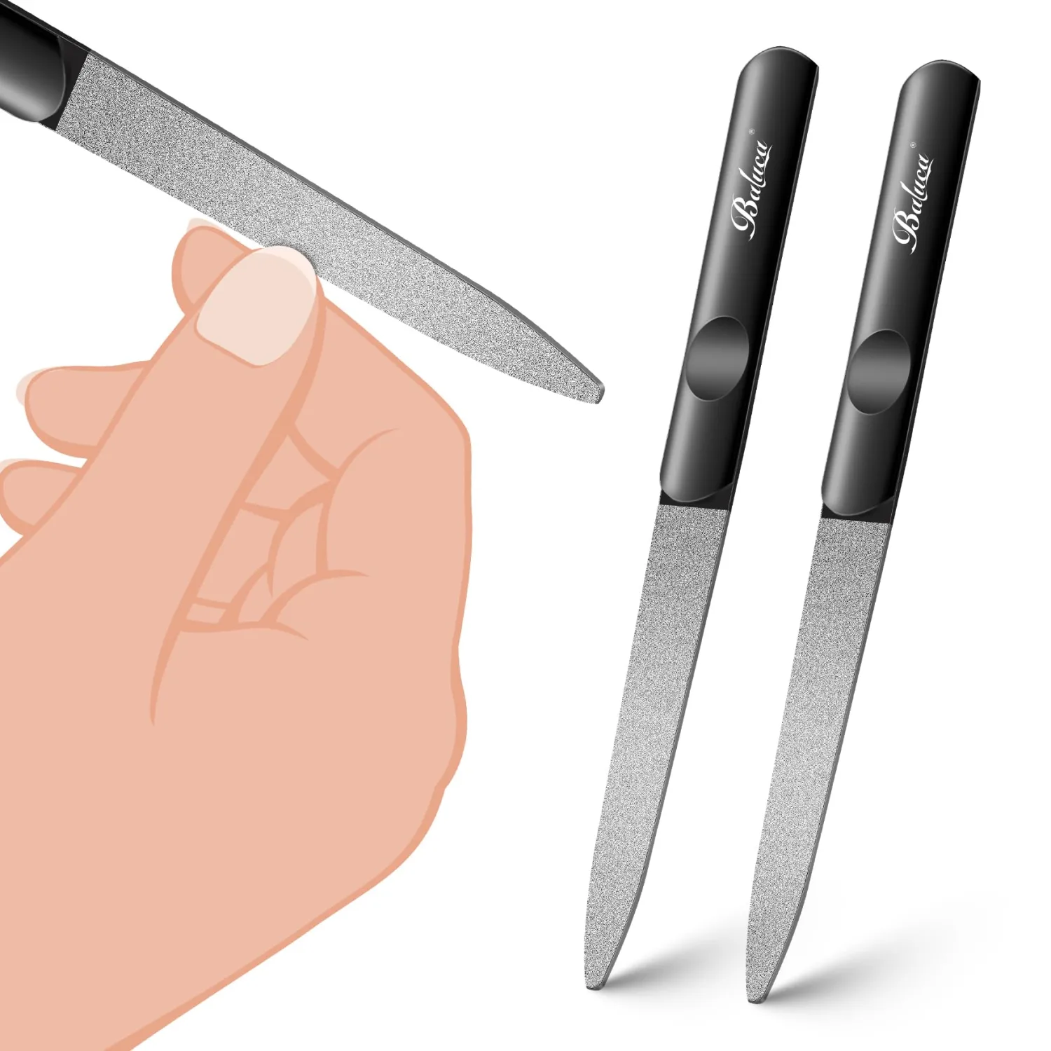 BALUCA Stainless Steel Diamond Nail File for Natural Acrylic Nails, Double Sided Metal Fingernail Toenail File for Women, Durable and Efficient Nail Care Tool - Black (Black)