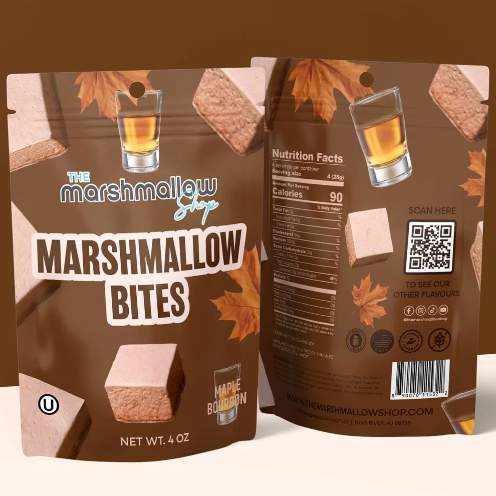 The Marshmallow Shop Marshmallow Bites – Gourmet Fluffy Sweet Marshmallows, Assorted Flavors Candy Snack, Dessert Topping & Party Favors, Perfect for Baking & Treats (Bourbon Maple)