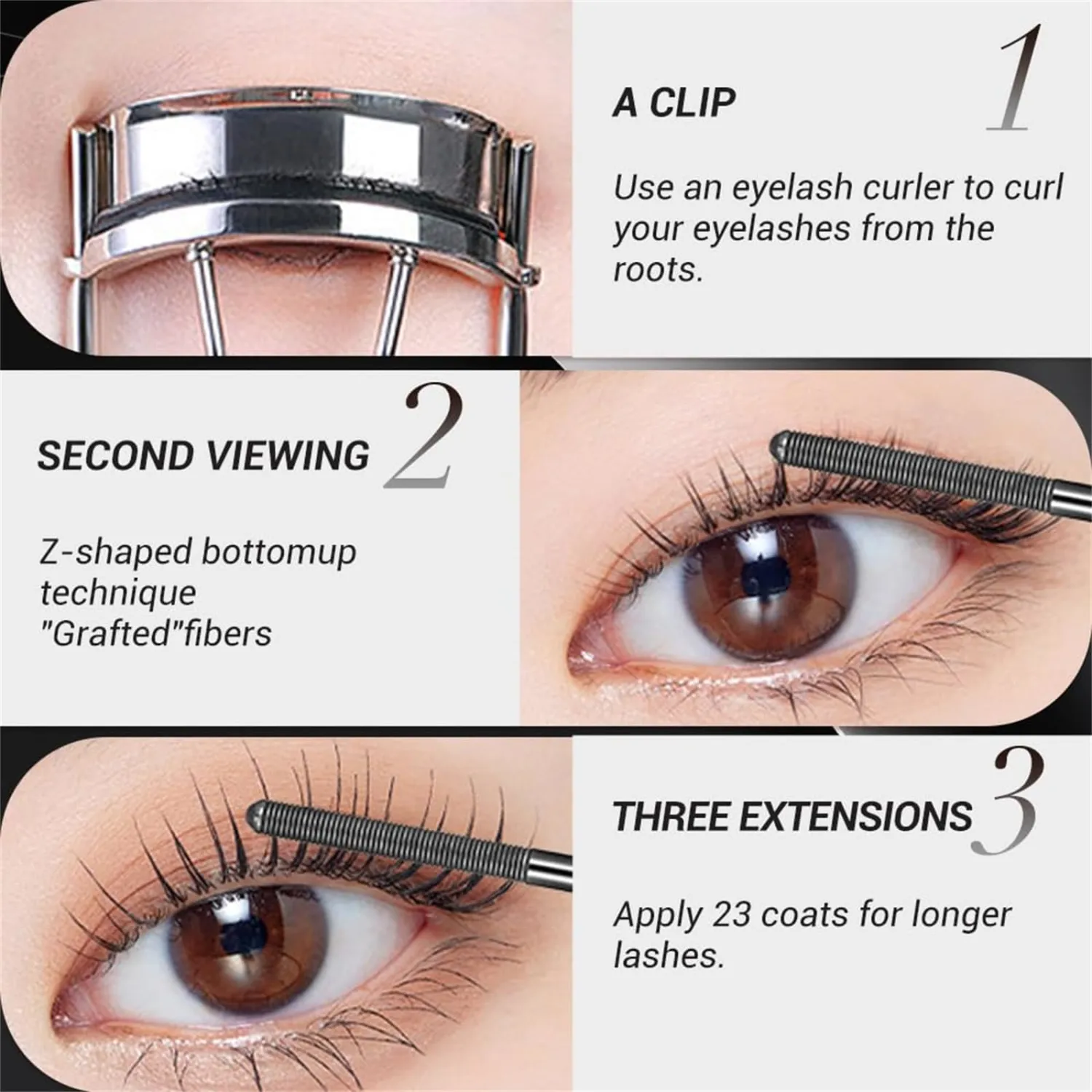 Waterproof Metal Wand Natural Washable Mascara, Steel Pipe Eyelash Primer Waterproof Long Lasting Lash Extensions Mascaras Long Lasting Smudge-Proof No Flaking (3 PCS)