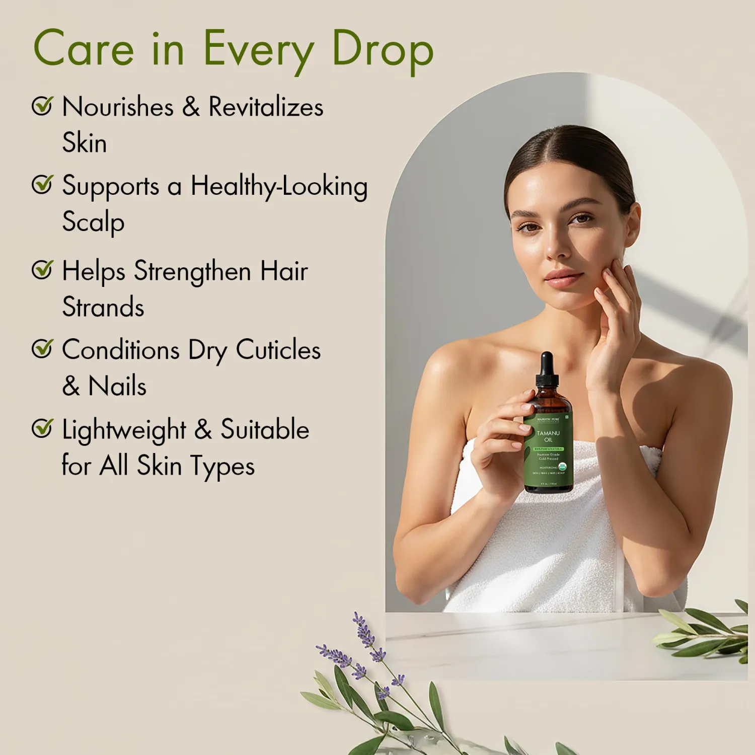 Majestic Pure Tamanu Oil 4 oz - 100% Pure & Natural - USDA Certified - Cold Pressed Carrier Oil for Face, Body, Lips, Nails, Shampoo & Conditioner