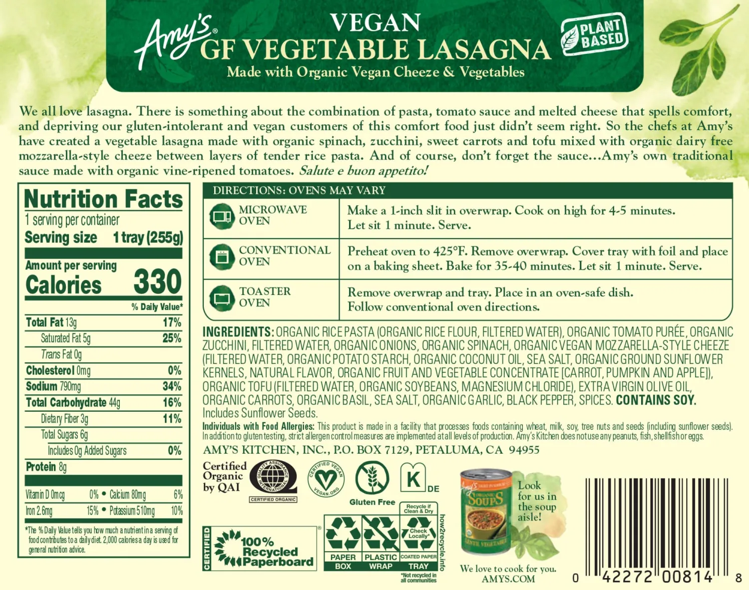 Amy's Frozen Meal, Vegan Gluten Free Vegetable Lasagna, Made With Organic Cheeze and Vegetables, Microwave Meal, 9.0 Oz