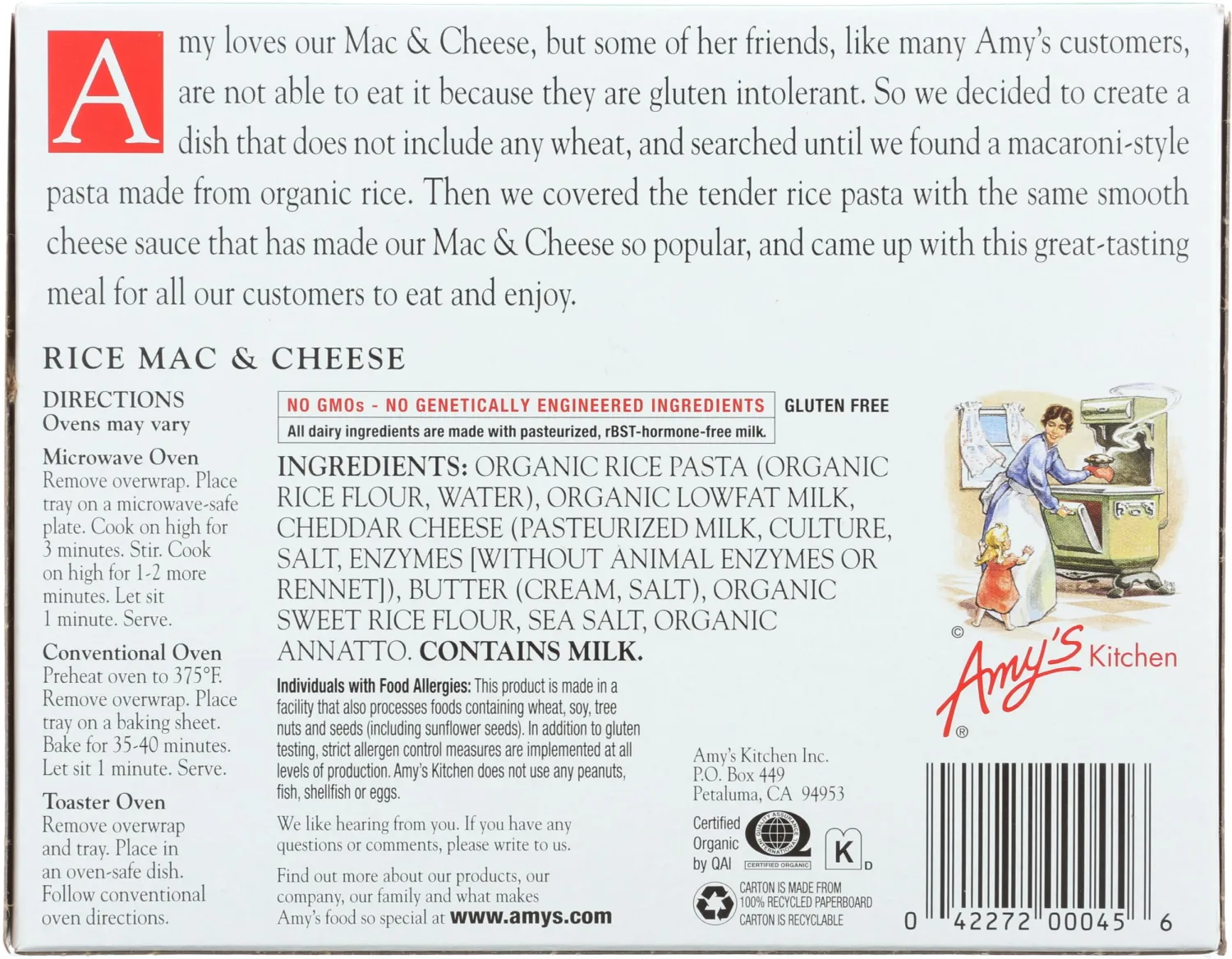 Amy's Frozen Meals, Rice Mac and Cheese, Made with Rice Pasta and Cheddar Cheese, Gluten Free, 9 oz.