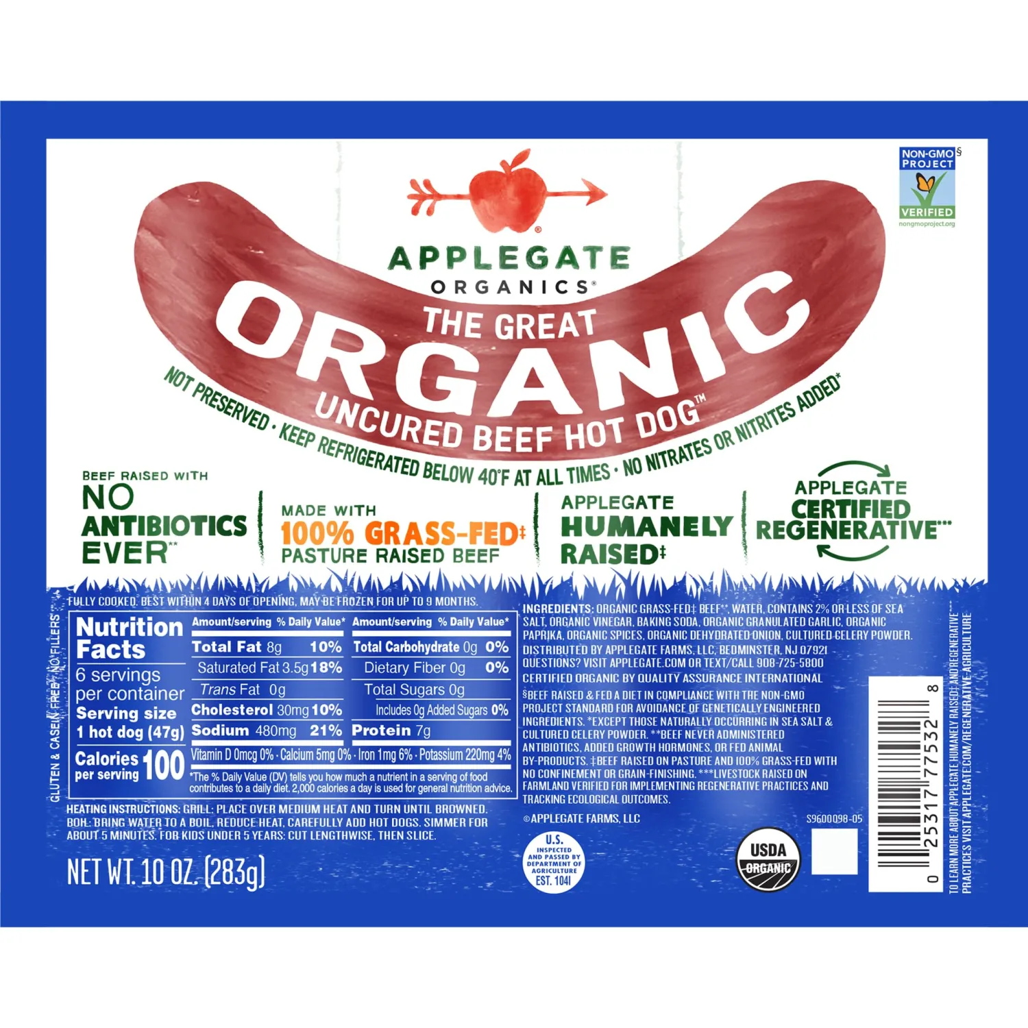 Applegate Organic Beef Hot Dog Uncured, 10oz