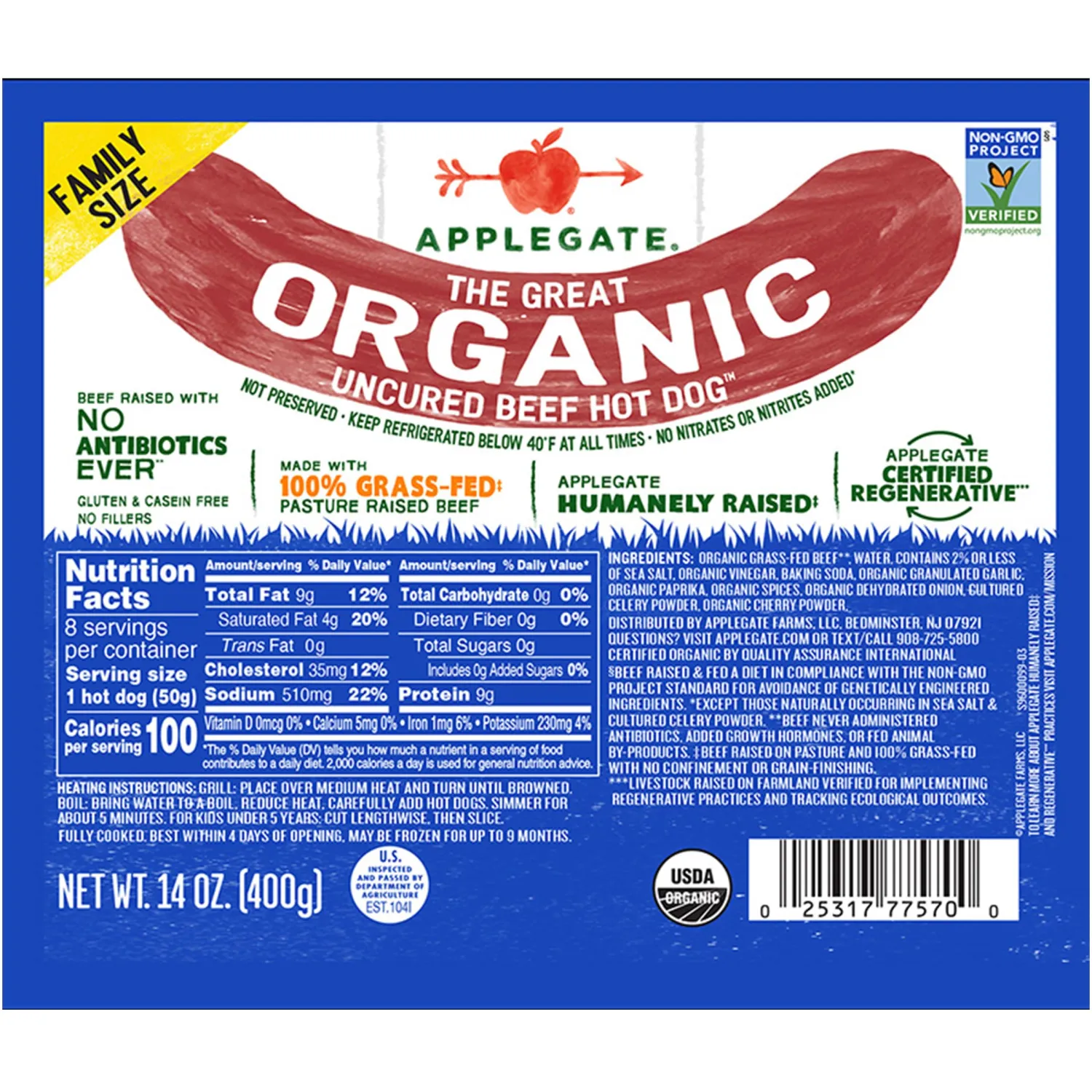Applegate Organic Beef Hot Dog Uncured, 14oz