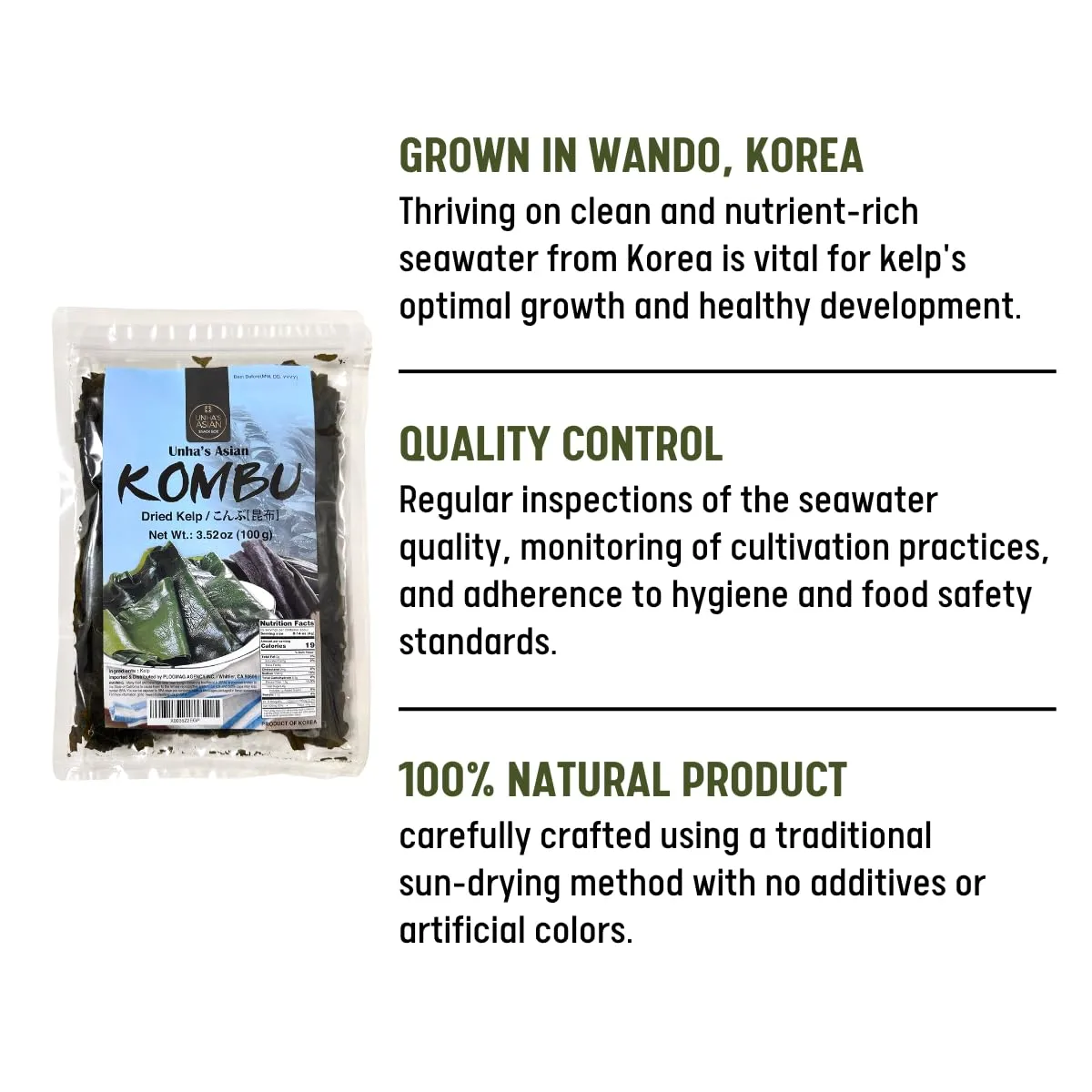Korean Wild Kombu Dried Kelp, 3.52 oz – Hand-Harvested 100% Natural Seaweed – No Added Salt, No MSG – Dashi Broth, Miso Soup, Ramen Stock, Simmered Dishes – Resealable Pouch from Korea