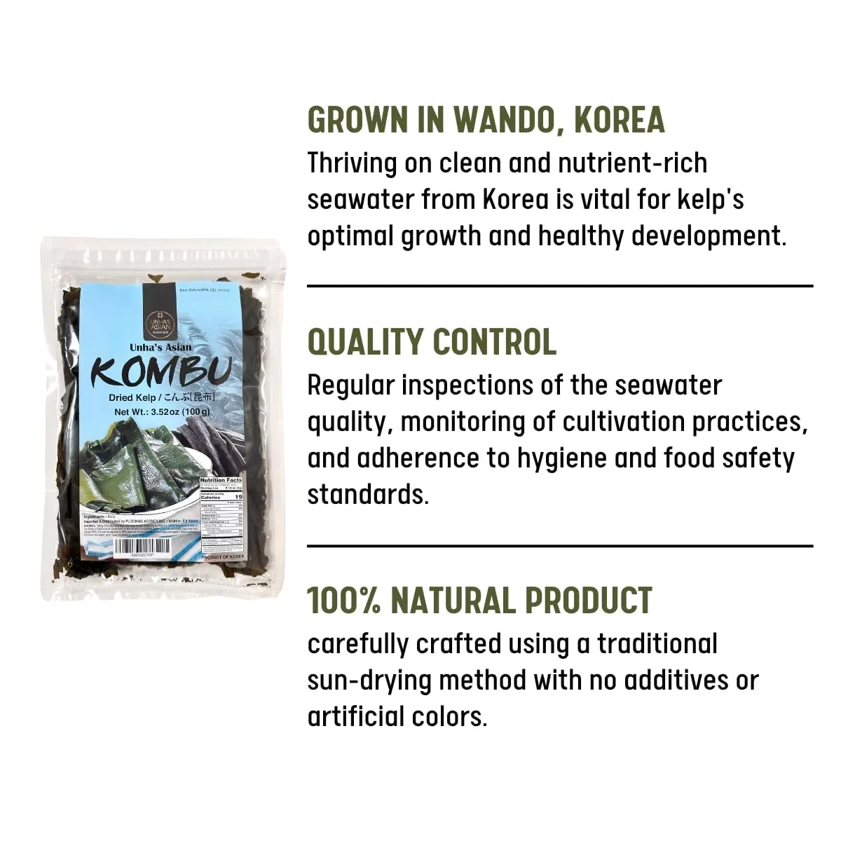 Korean Wild Kombu, Hand-Harvested Dried Kelp, 3.52 oz, 2 Pack, 100% Natural Seaweed for Dashi, Soup Base, and Broth – Product of Korea