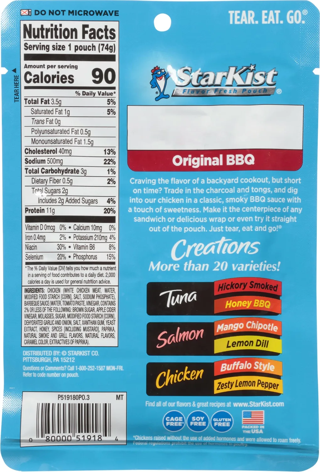 StarKist Chicken Creations Original BBQ, Single Serve Pouch, 2.6 oz (Pack of 2)