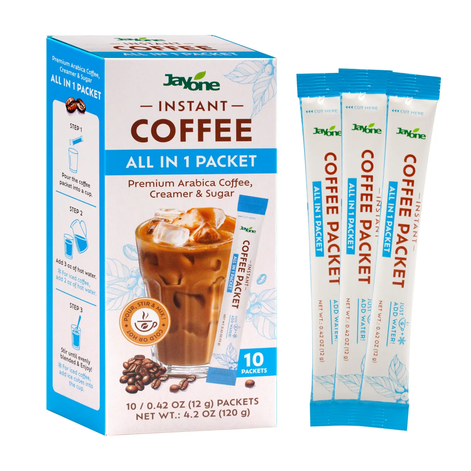Jayone Instant Coffee, Coffee & Creamer & Sugar All in 1 Packet, Premium Arabica Coffee, Pack of 10 in 1 Box