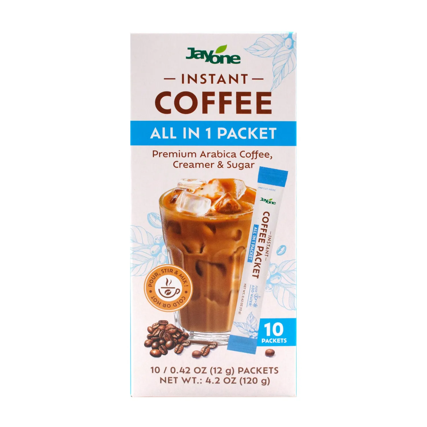 Jayone Instant Coffee, Coffee & Creamer & Sugar All in 1 Packet, Premium Arabica Coffee, Pack of 10 in 1 Box