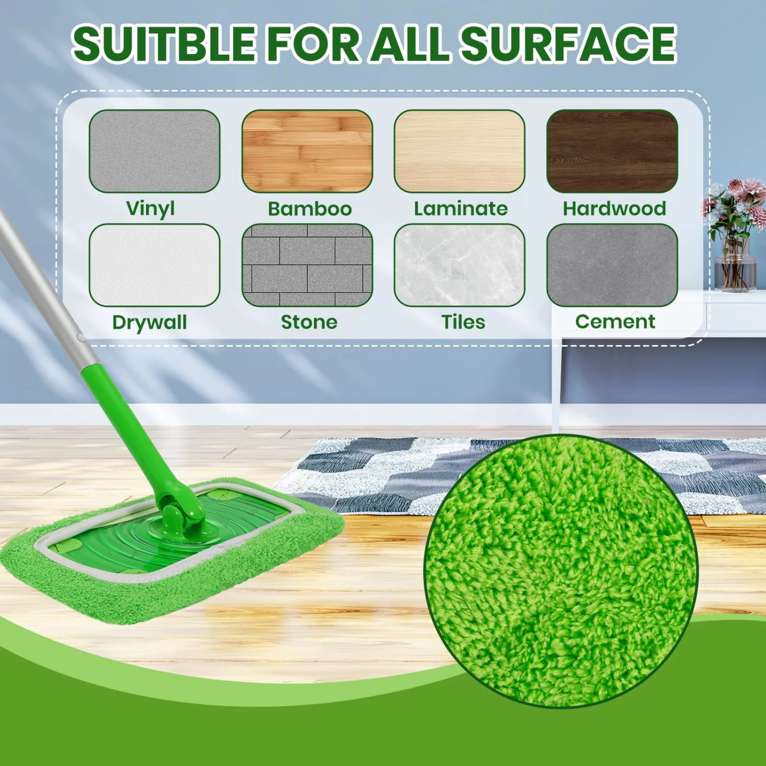 6 Pack Reusable Microfiber Mop Pads - Compatible with Sweeper, Reusable Mop Pads, Washable Dry Cloths & Wet Pads Refill for Hardwood Laminate Tile Floor Cleaning (6, Green, M)